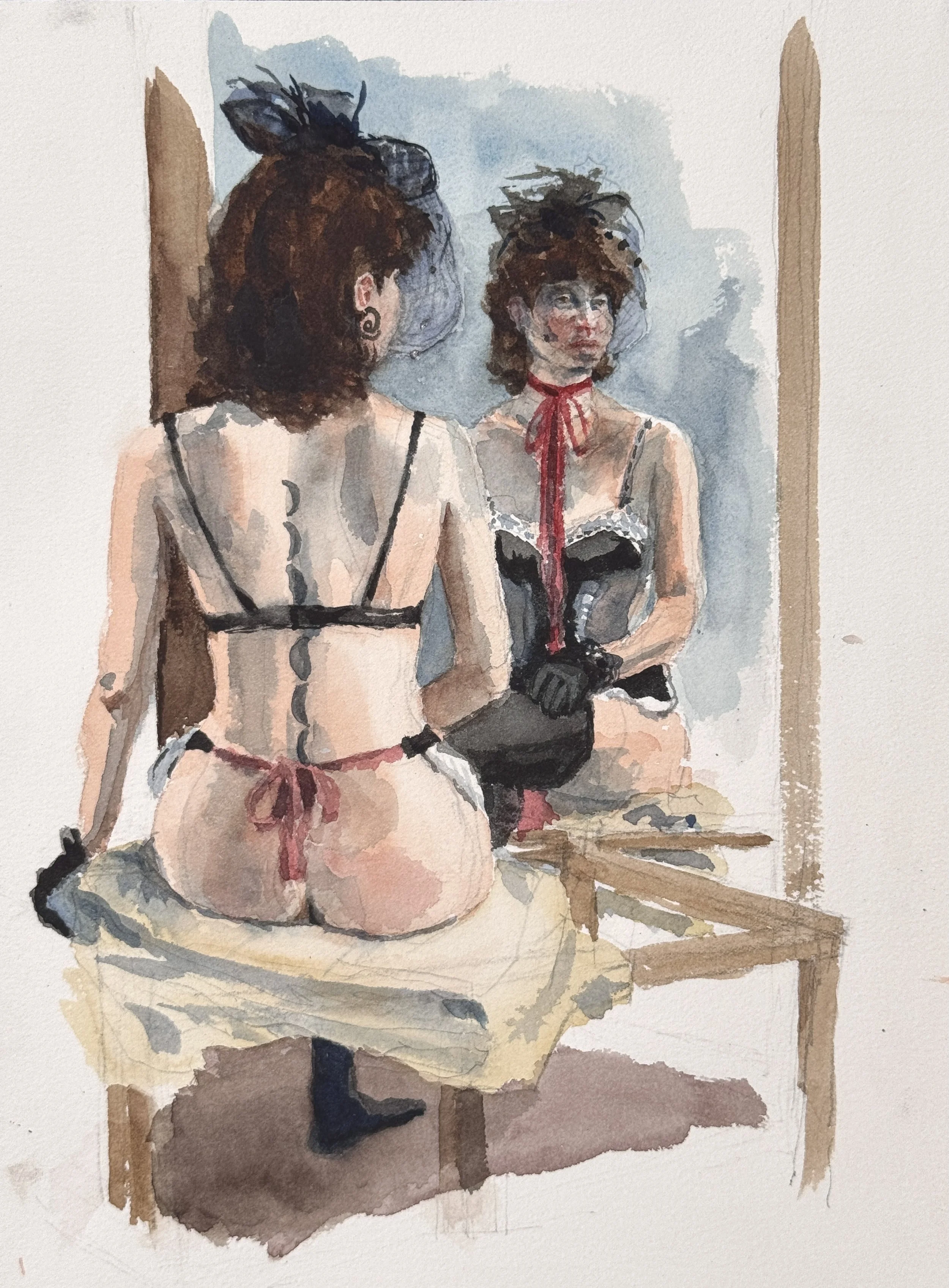 "Backstage," 14"x10" watercolor and pencil, 2026, (SOLD)