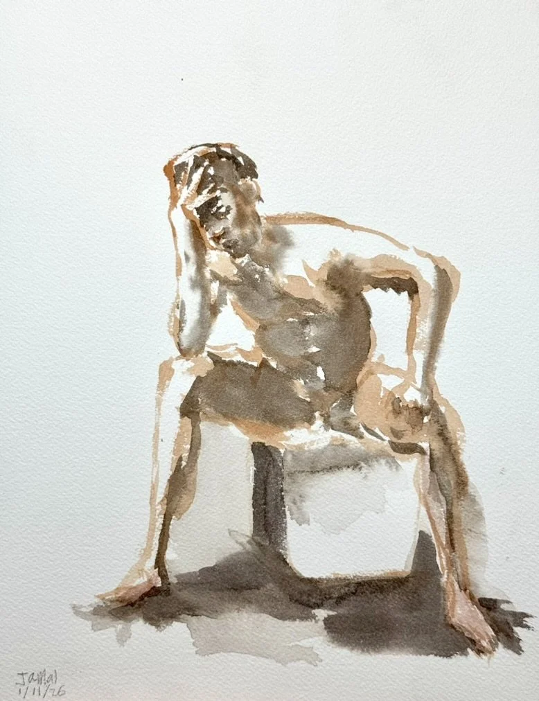 "Jamal Seated," 9"x12" watercolor 2026 $200