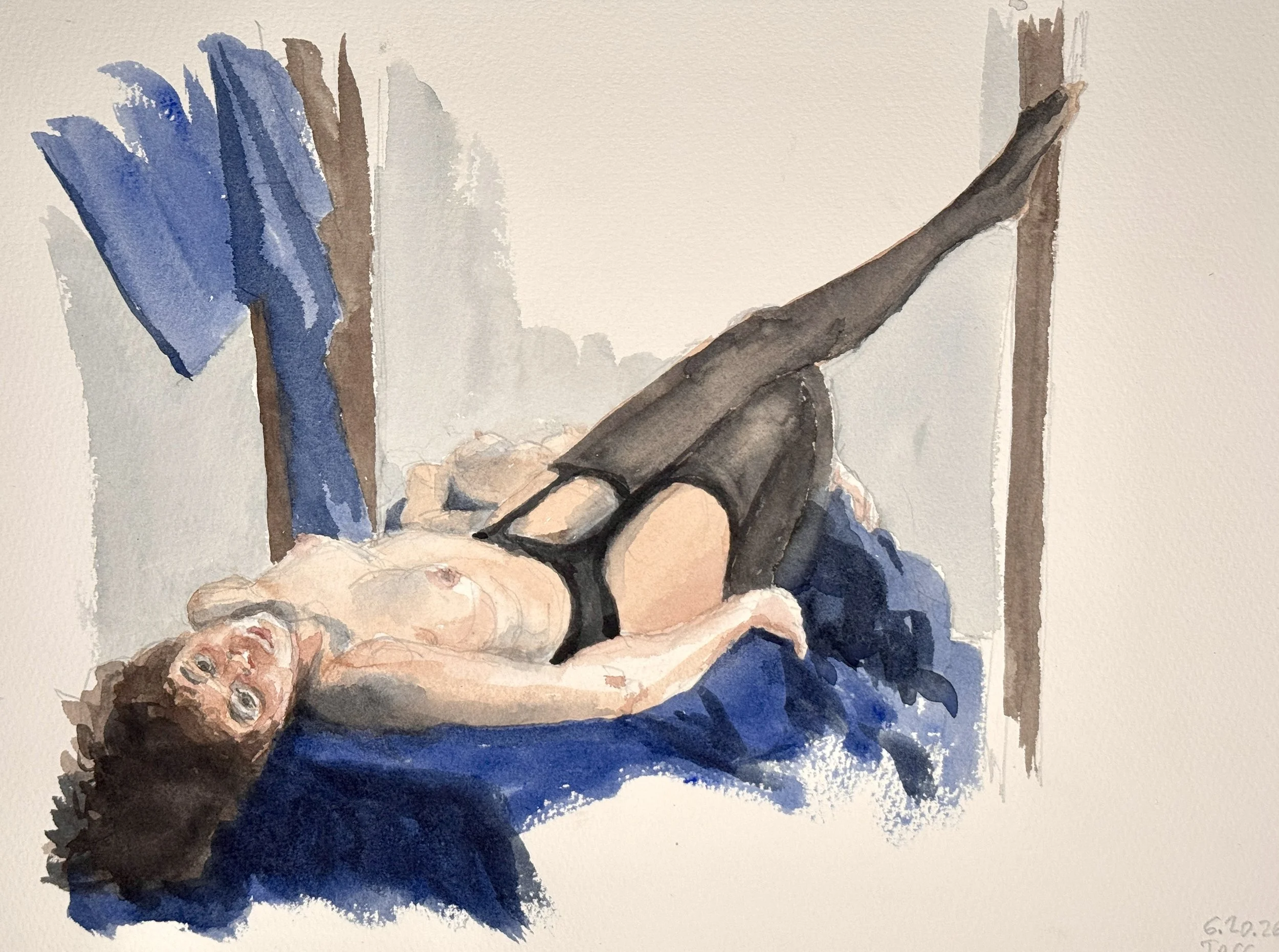 "Tess in Stockings." 10"x14" watercolor and pencil, 2026 $250