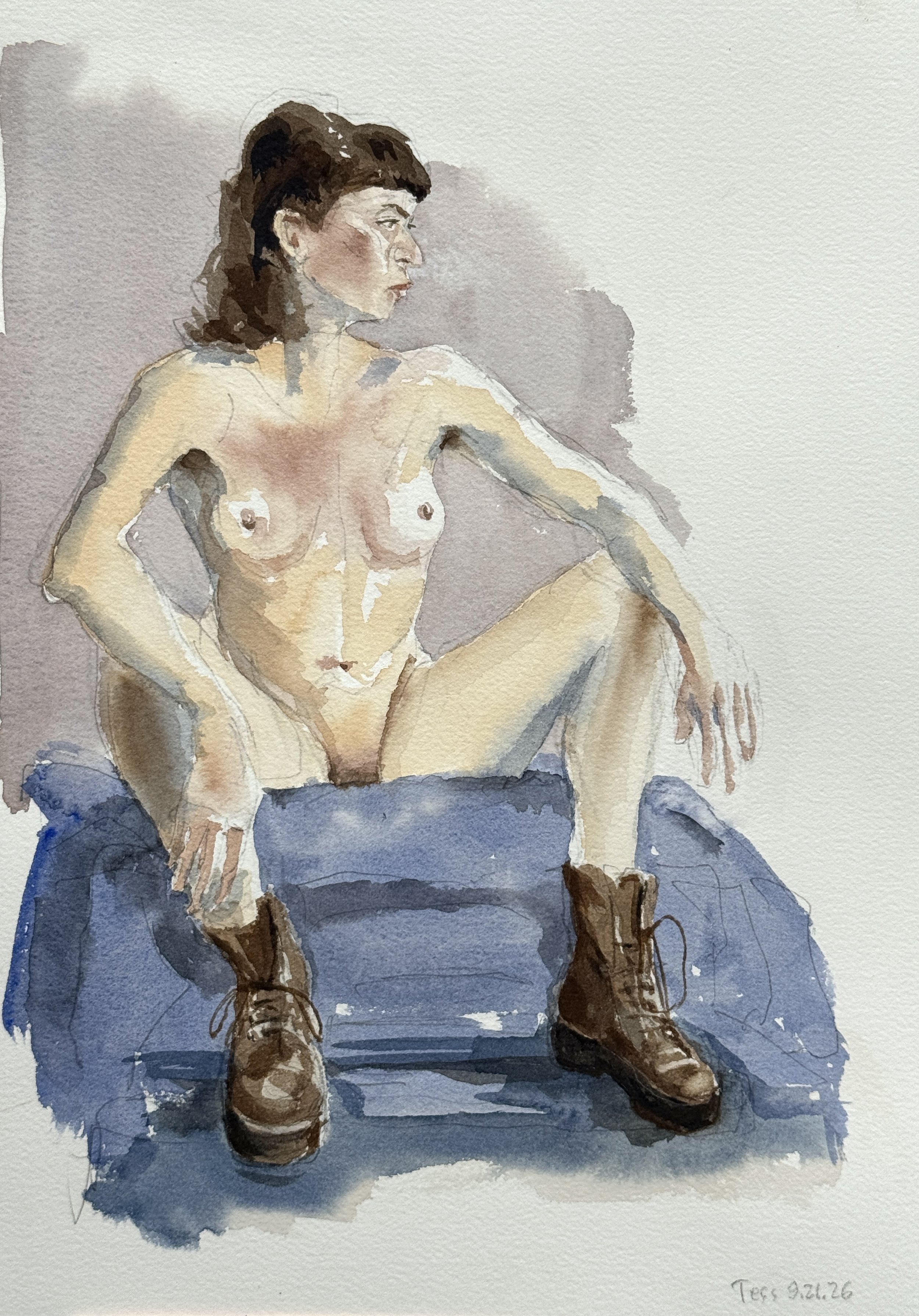 "Boots," 10"x14" watercolor and pencil, 2026 $250