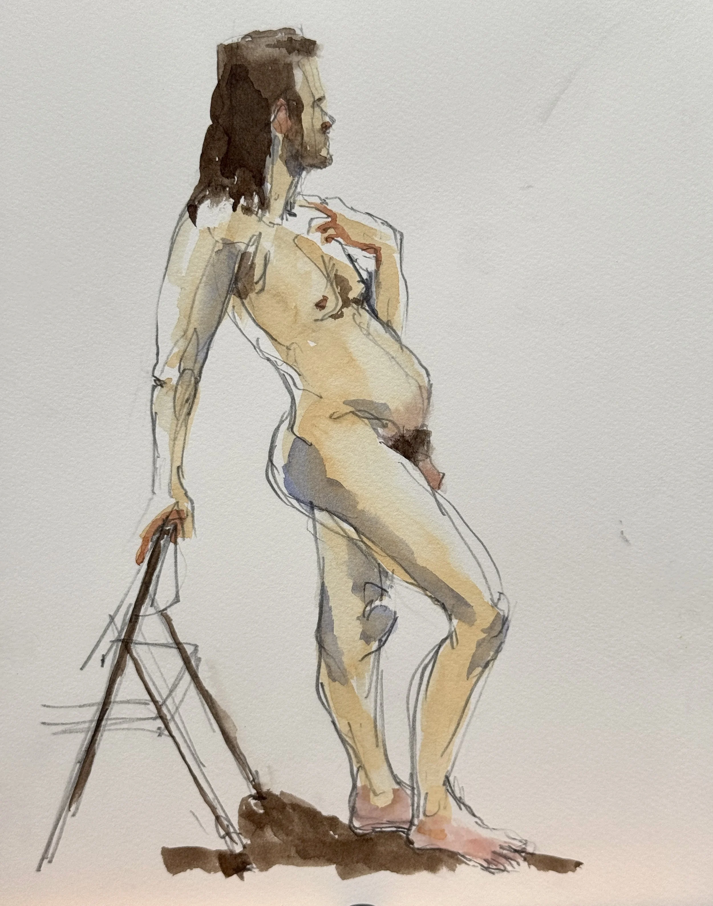 "Nate Leaning," 9"x12" watercolor and pencil, 2026. $150