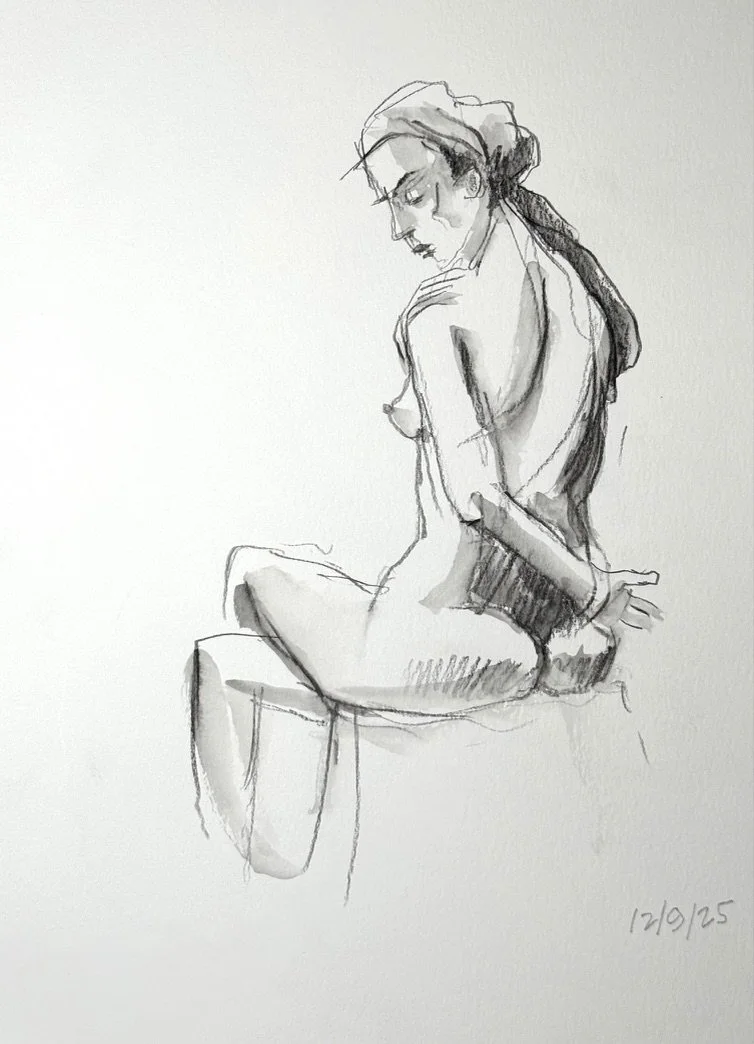 "Natalia Seated," 9"x12" graphite and wash 2025 $150