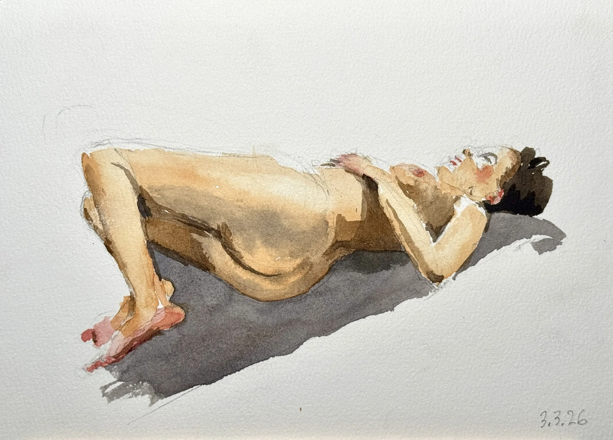 "Jacqui Reclining," 7"x10" watercolor and pencil 2026 $150