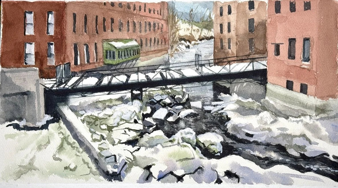 "Neponset River at Lower Mills," 8.5"x14" watercolor, pencil, and gouache 2026   $300