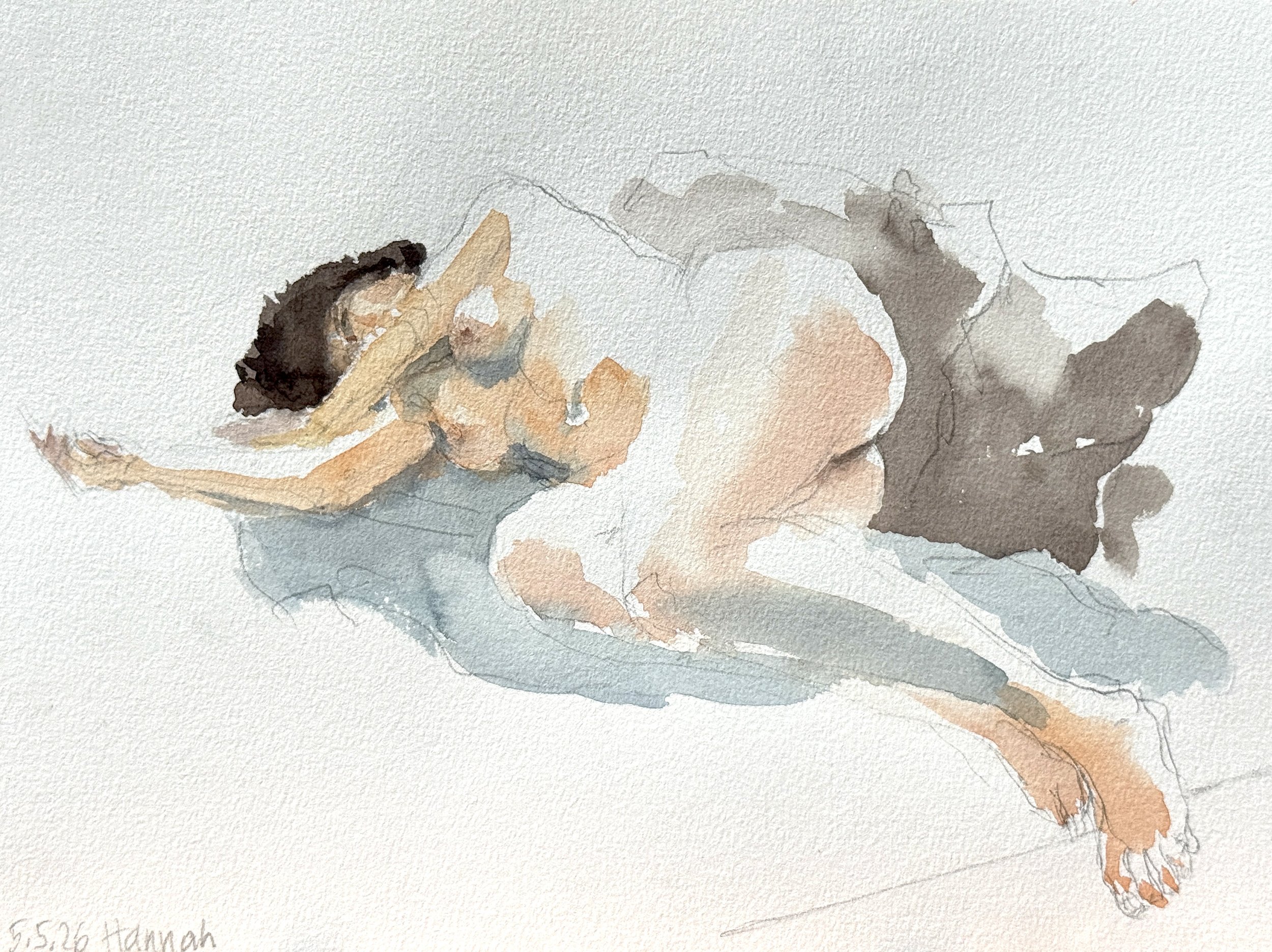 "Hannah Reclining," 9"x12" watercolor 2026 $200