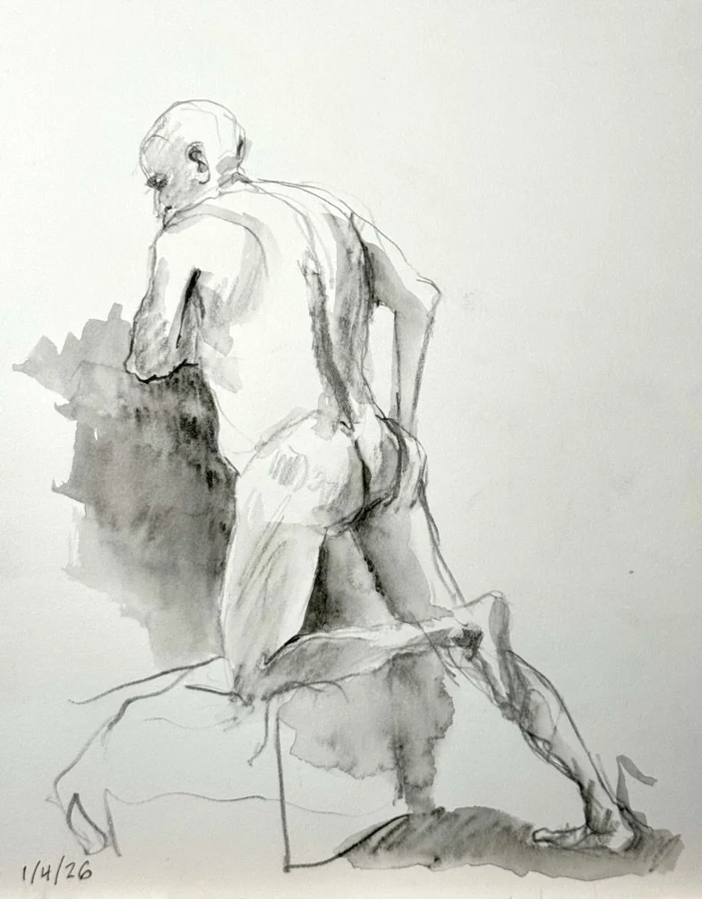"Chris Kneeling," 9"x12" graphite and wash 2026 $150