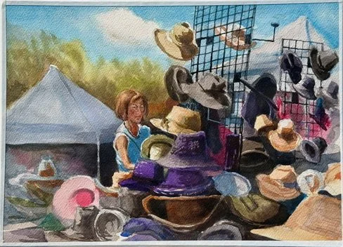 "Hats for Sale," 10"x14" watercolor and pencil, Wellfleet 2025    $250