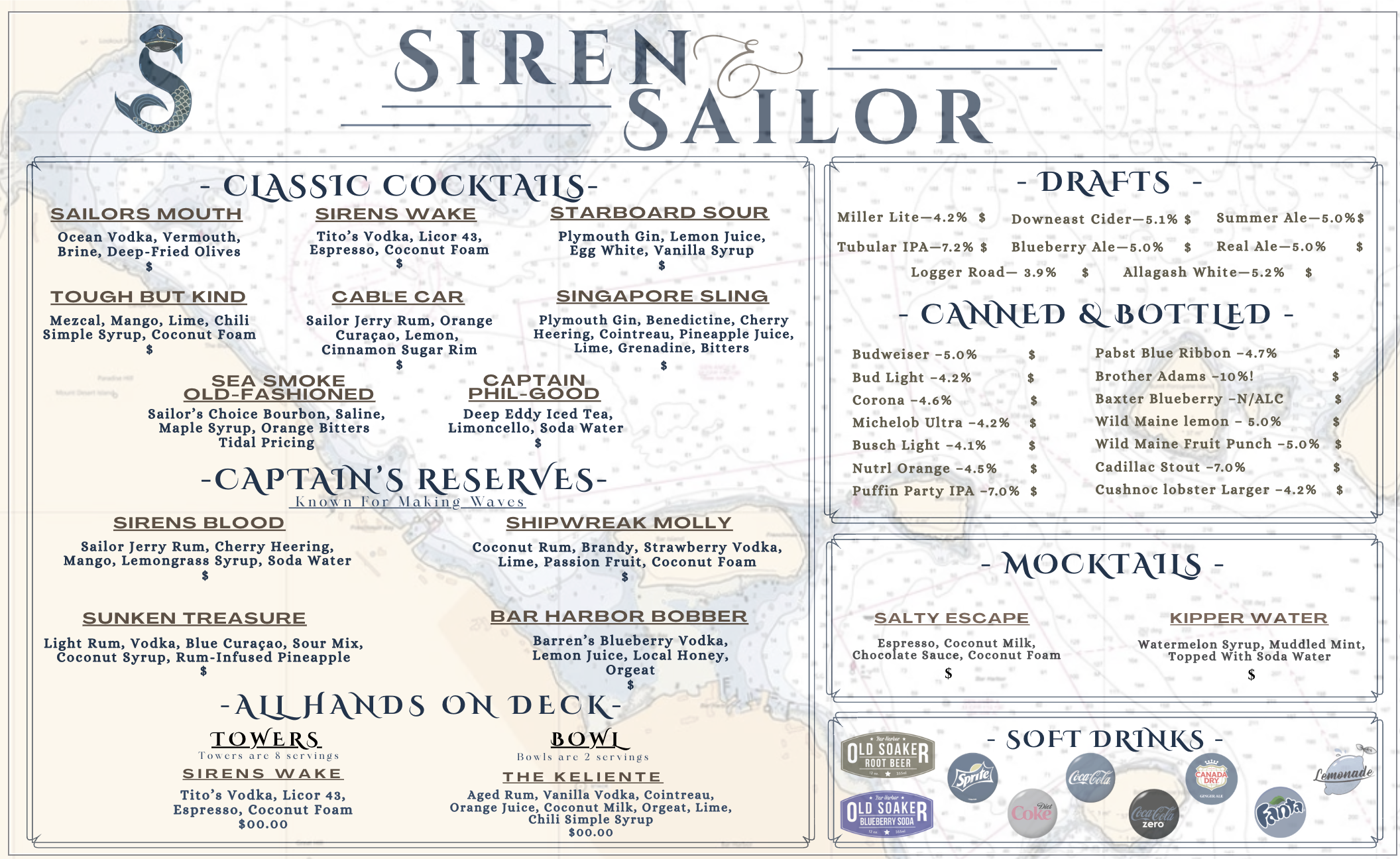 A nautical-themed menu with sections for classic cocktails, drafts, canned and bottled drinks, mocktails, and soft drinks. The menu features names and prices of various beverages, accompanied by nautical illustrations such as a snake with a captain's hat.