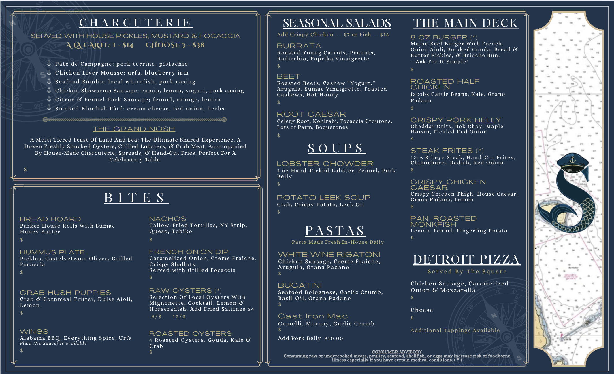 Restaurant menu with sections for charcuterie, seasonal salads, the main deck, soups, pastas, and Detroit pizza. The menu includes various dishes, prices, and descriptions, with a decorative navy blue background and a small illustration of a boat at the bottom right corner.