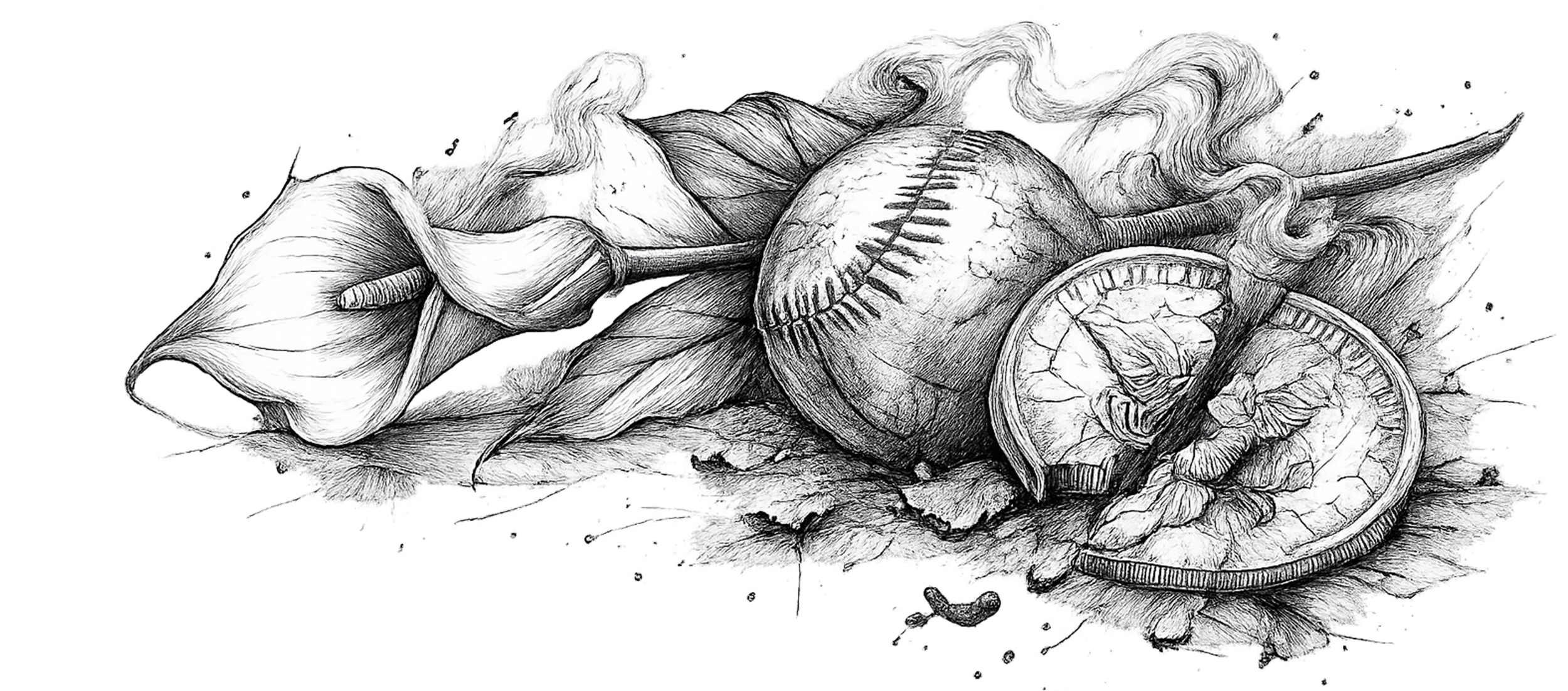 A black and white sketch of a still life featuring a twisted banana, a large leaf, an apple, a sliced lemon, and some scattered leaves.