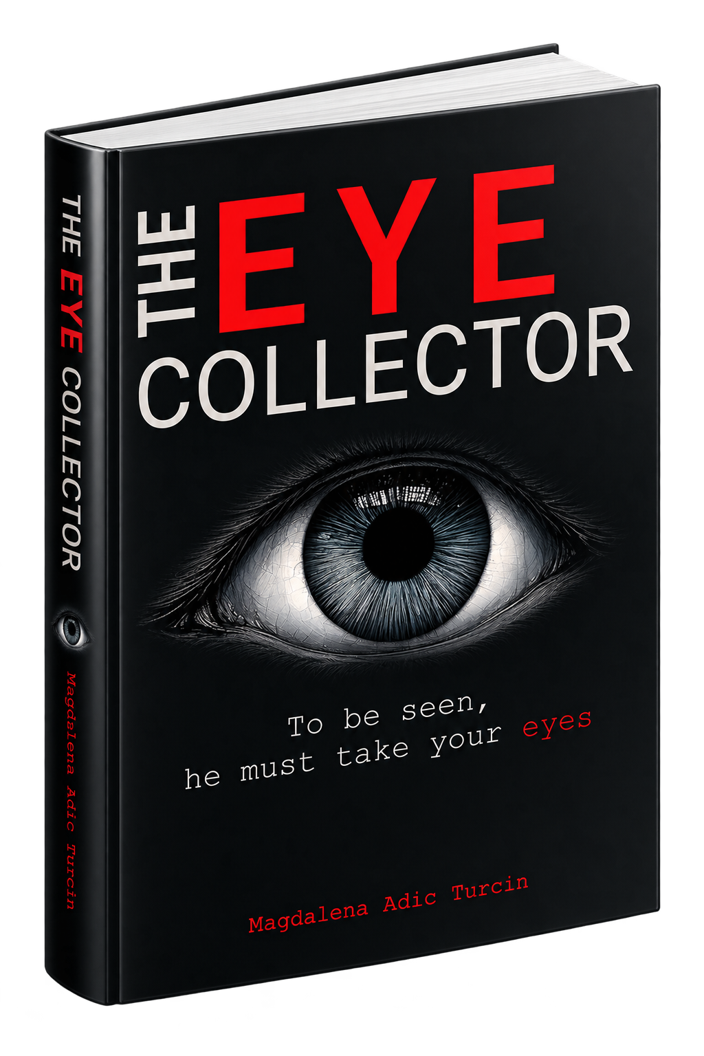 Book cover titled 'The Eye Collector' with a detailed black and white human eye image, and the subtitle 'To be seen, he must take your eyes'. The author's name, Magdalena Adic Turcin, is at the bottom in red text.