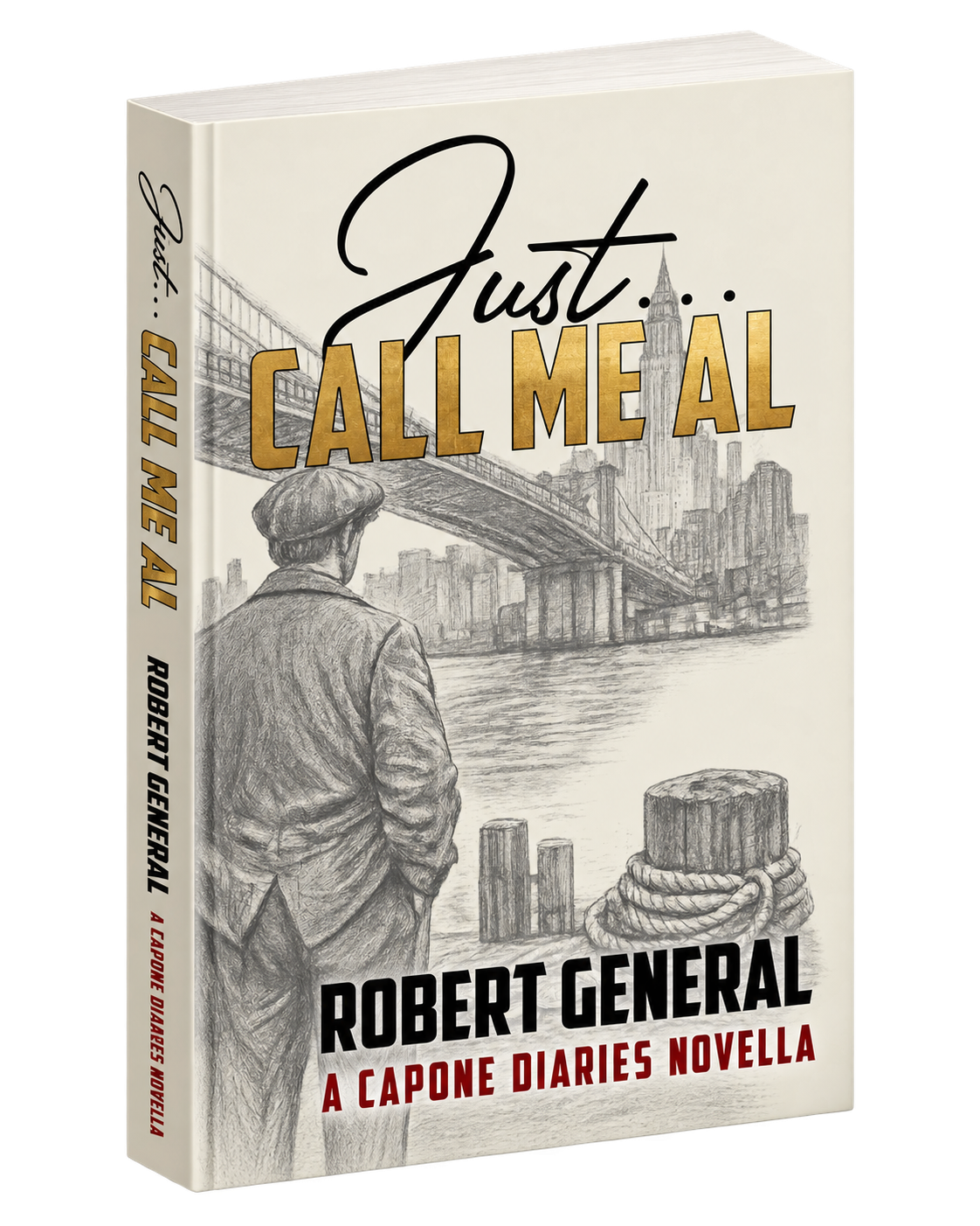 Book cover titled "Just Call Me Al" by Robert General, part of the Capone Diaries Novella series, features a sketch of a man standing by a waterfront with a bridge and city skyline in the background.