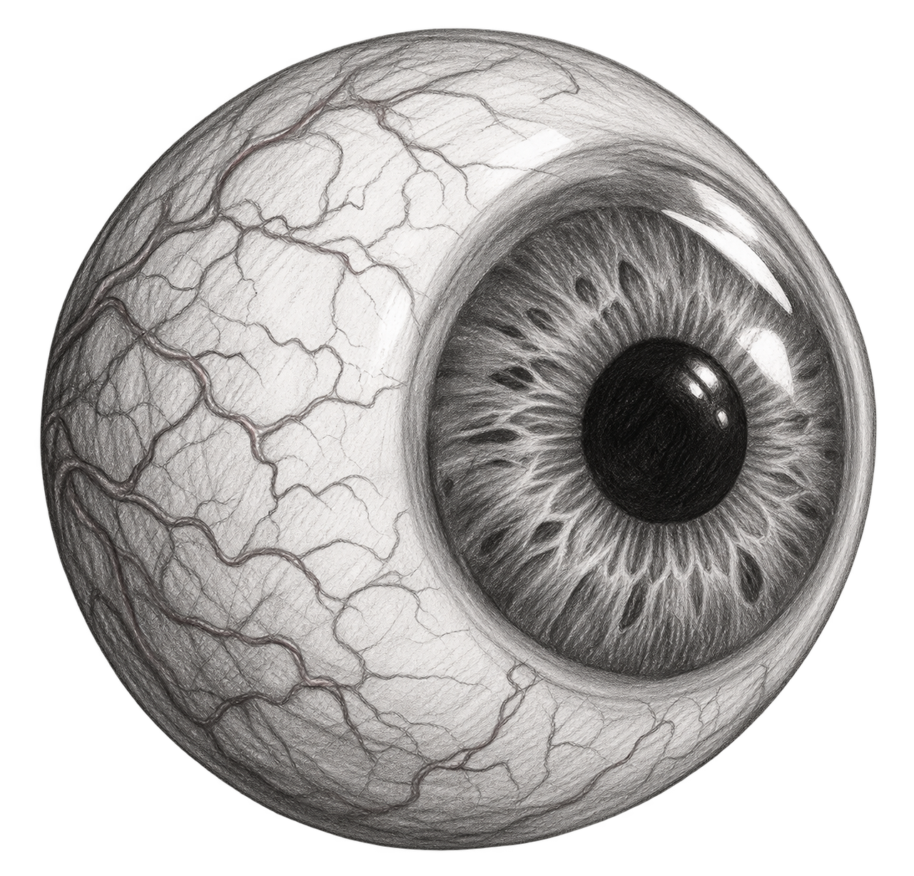 A detailed black and white drawing of an eyeball, showing the intricate iris, pupil, and sclera with visible veins.