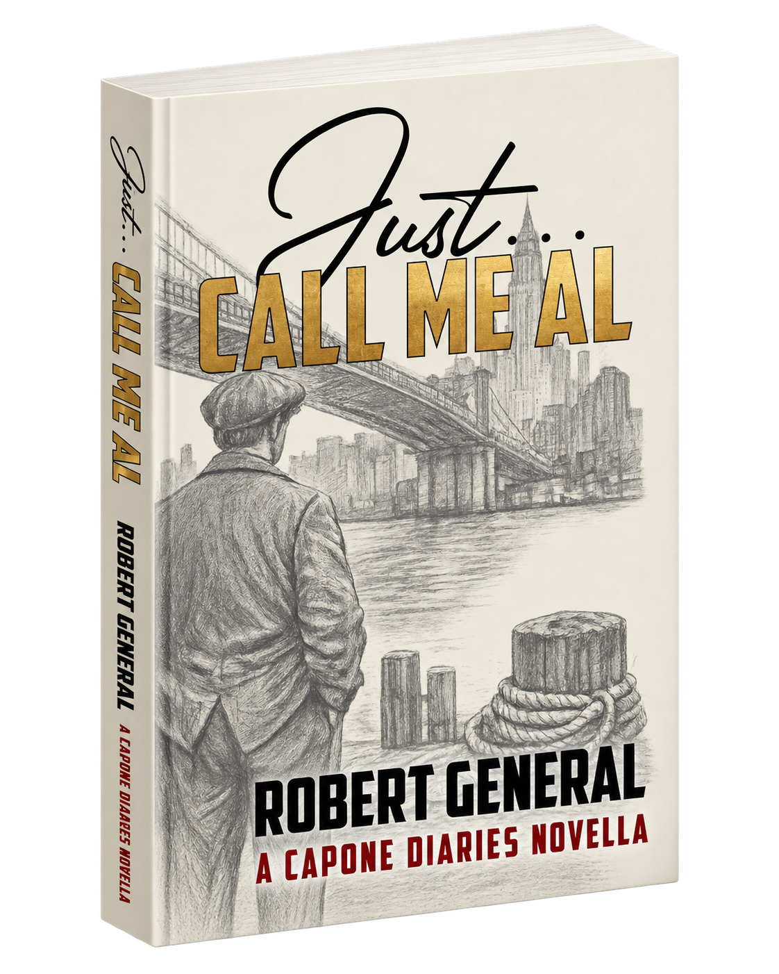 Book cover titled "Just.. Call Me Al" featuring a sketch of a man in a jacket with a bridge and cityscape in the background, and the author name Robert General, promoting a Capone Diaries novel.