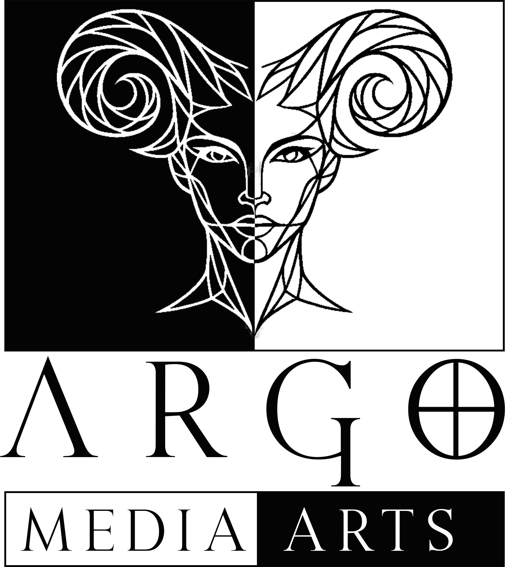 Black and white logo for Media Arts, featuring a stylized face with horns that are split between black and white halves. The face is centered, with the left side in black and the right side in white, and is divided vertically down the middle. The horns swirl outward and are symmetrical.