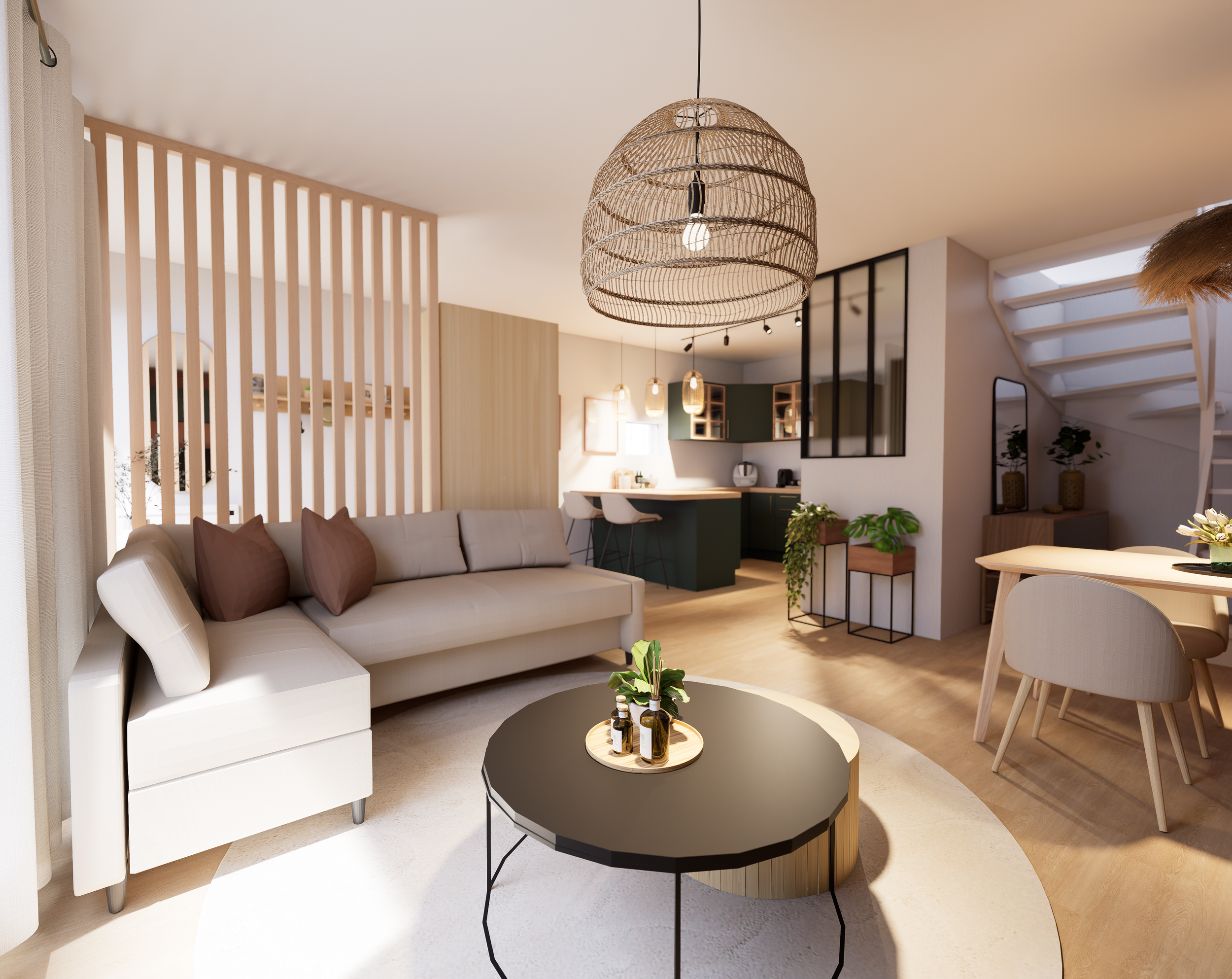 Salon moderne avec canapé blanc, table basse noire, et décoration naturelle, éclairage chaleureux et cuisine ouverte en arrière-plan.