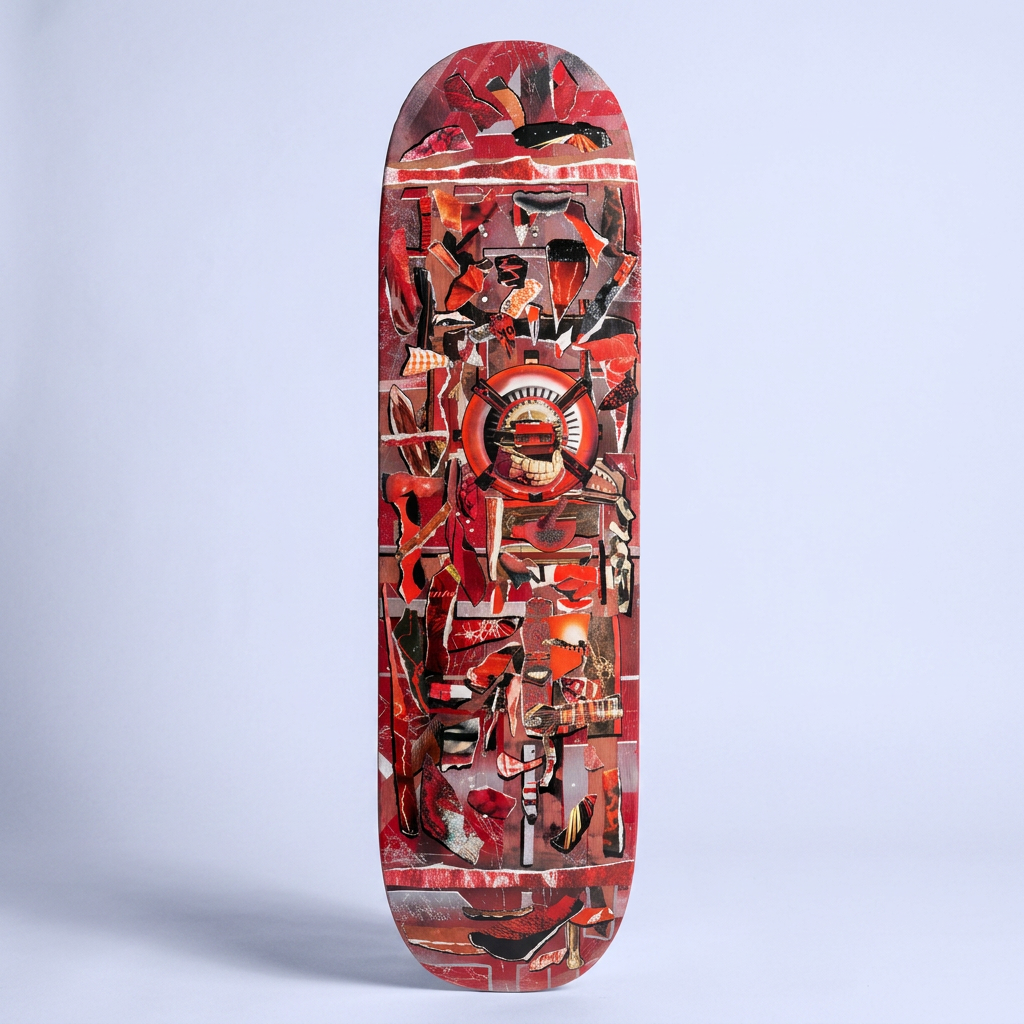 Red Matter original skateboard art by DBSooper featuring red vintage collage, anatomical imagery and spray paint on a recycled skateboard deck.