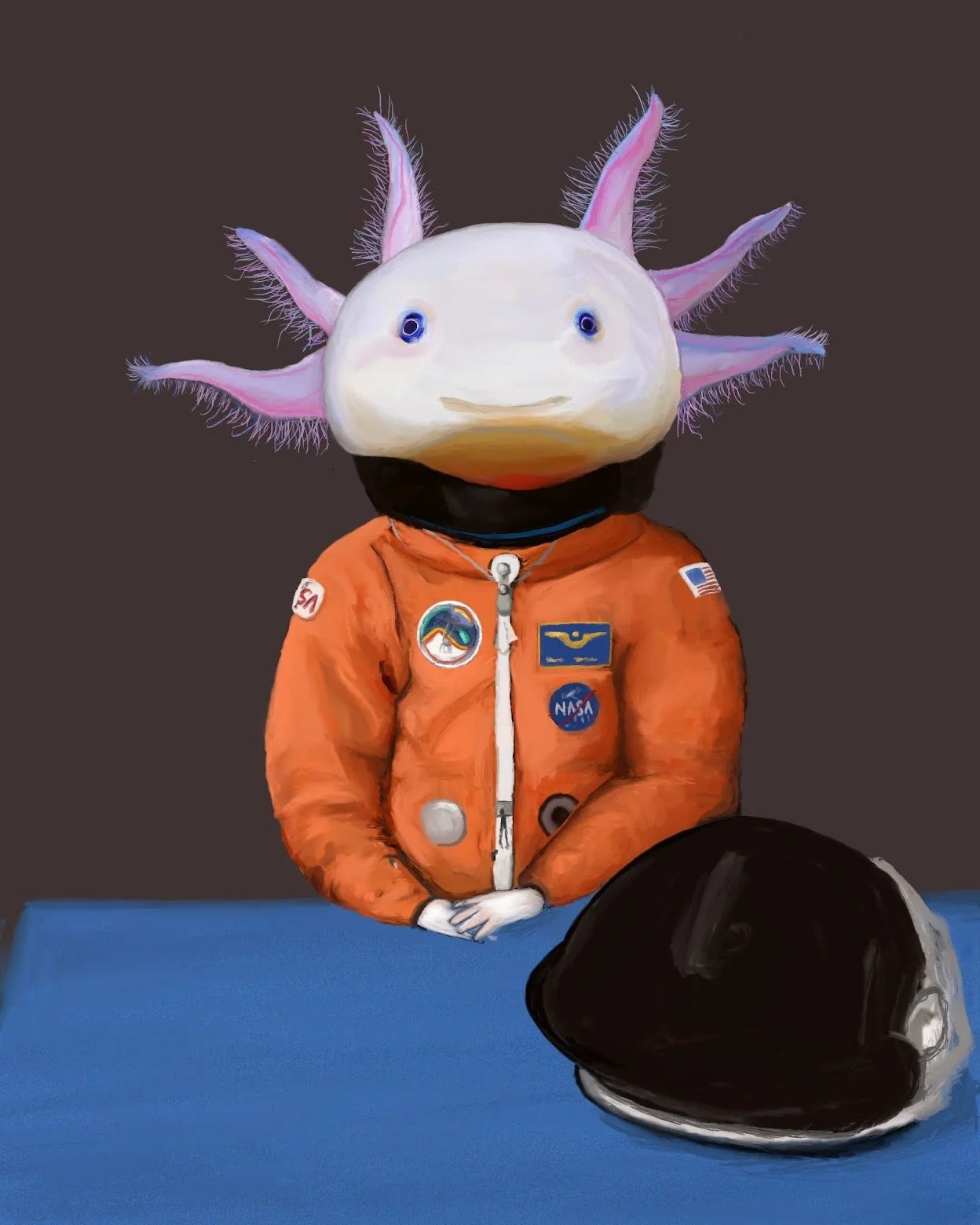 A cartoonish character with a white, alien-like face and pink, tentacle-like appendages on its head wearing an orange NASA astronaut suit, standing behind a blue table with a black helmet in front.