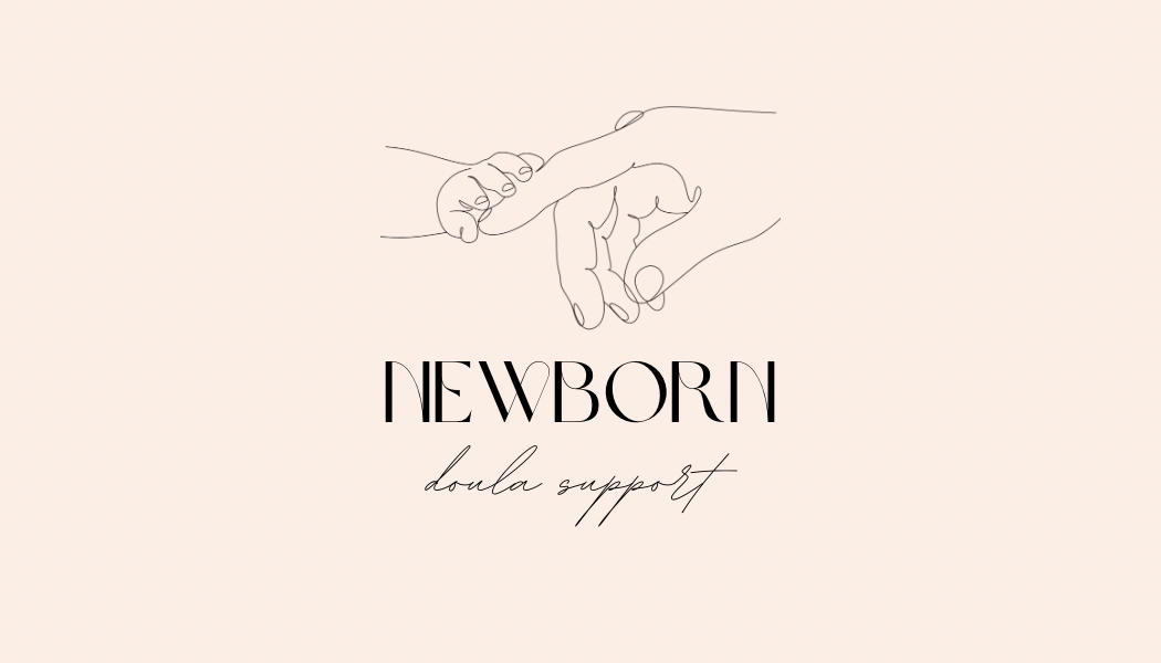 Line drawing of a hand holding a newborn baby's hand with text that says 'Newborn doula support'