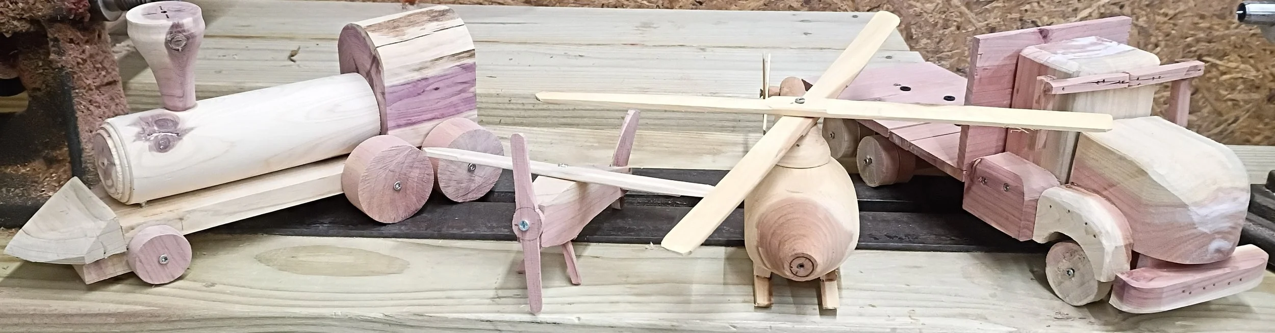 Handcrafted Wooden Toy Set: Train, Helicopter & Truck