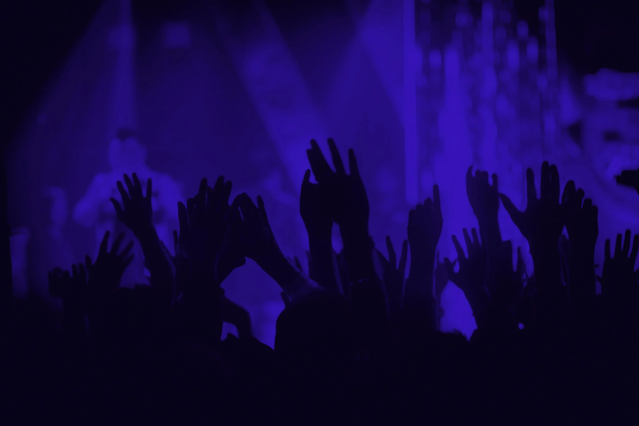 Silhouettes of people with raised hands in a dark, blue-lit environment, likely at a concert or party.
