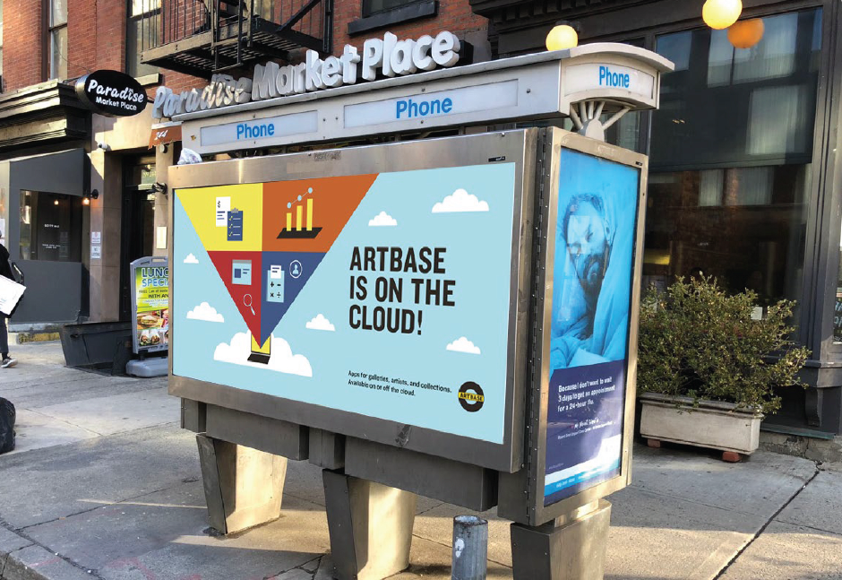 Bus stop advertisement display with a sign saying "ARTBASE IS ON THE CLOUD!" and a cloud-themed graphic, and an adjacent poster portrait of a man in glasses with a blue background.