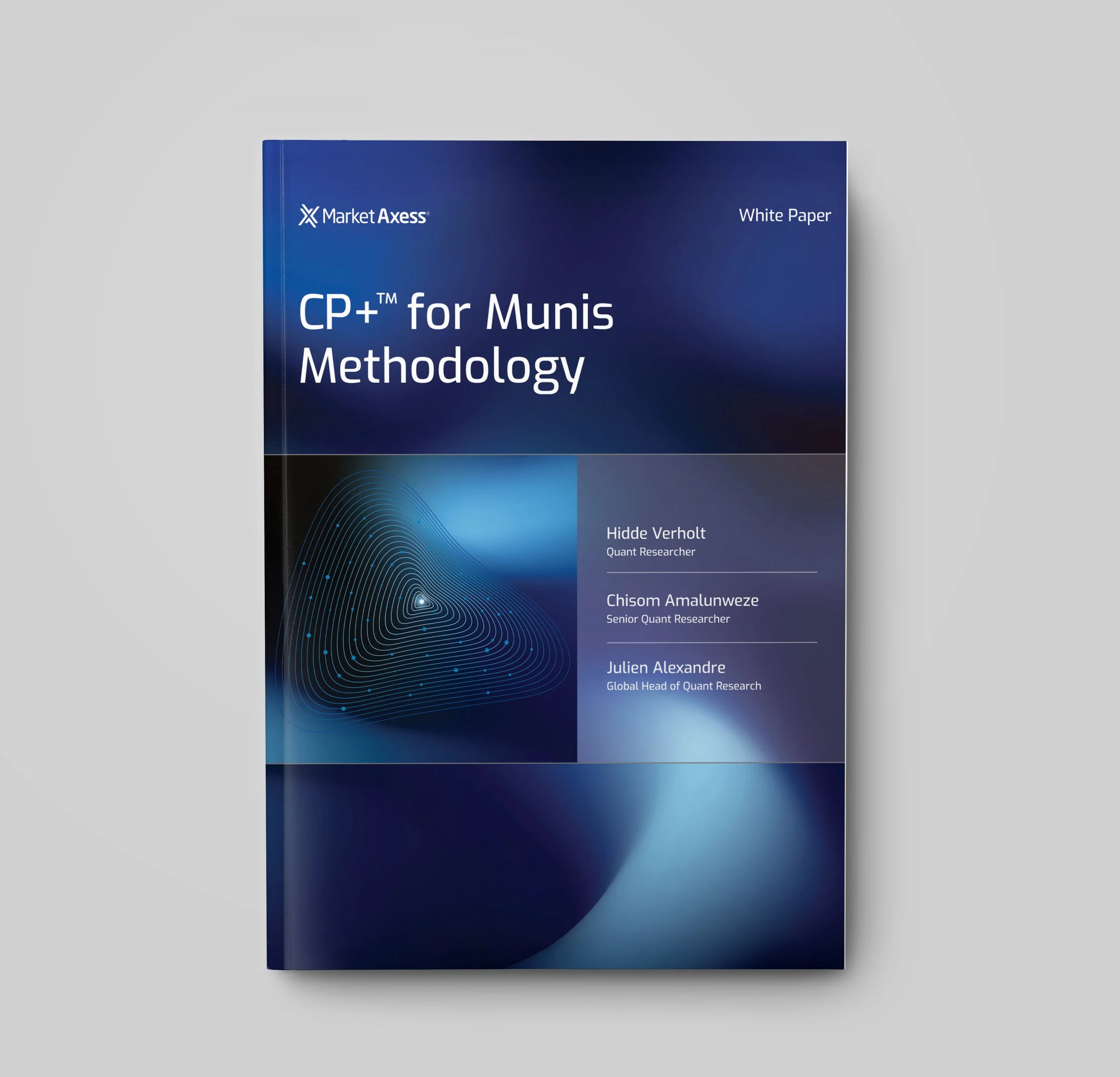 Cover of a white paper titled 'CP+ for Munis Methodology' by Market Axess, featuring article authors and a graphic with concentric lines.