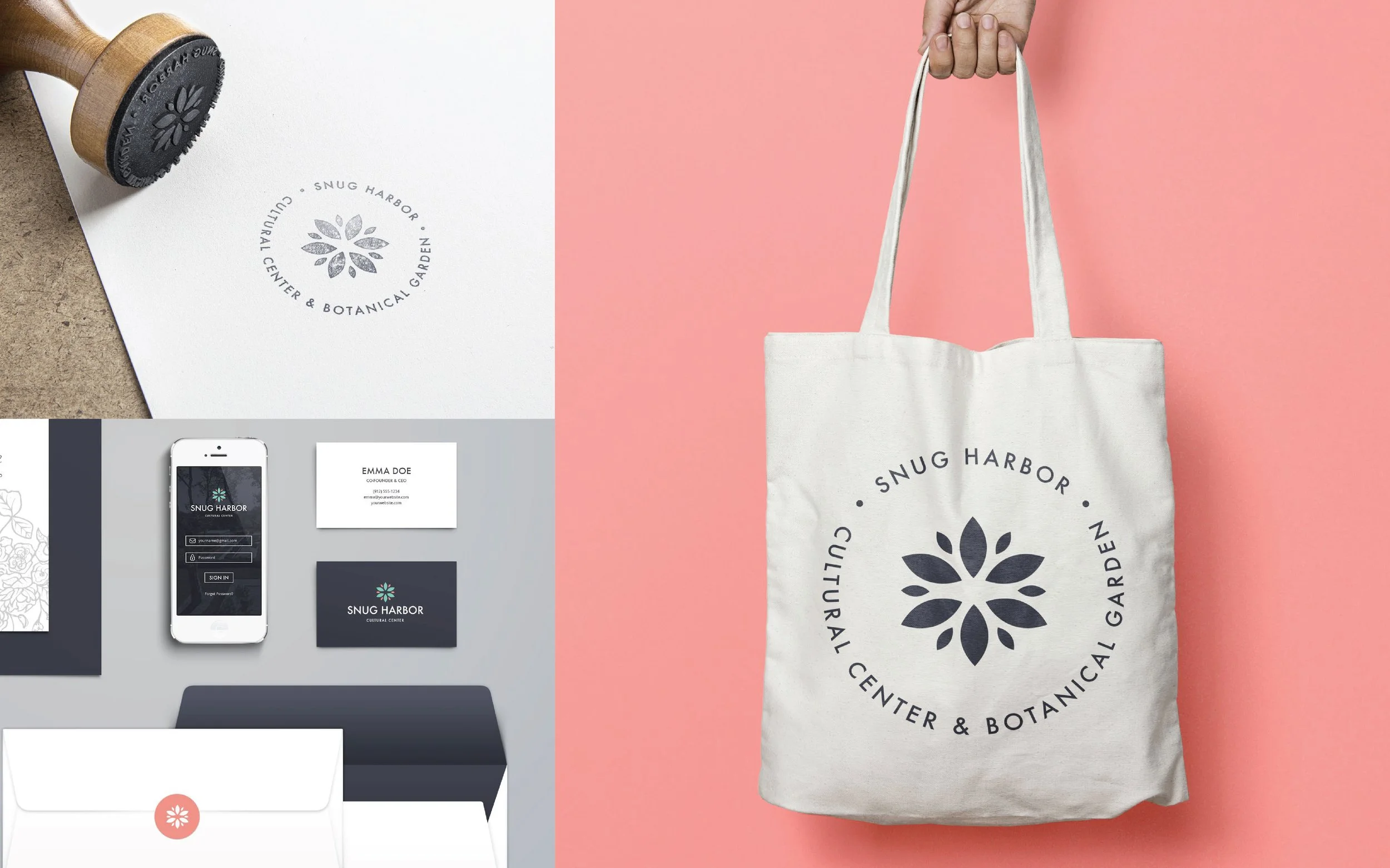 Designs and branding materials for Snug Harbor Cultural Center & Botanical Garden, including a tote bag with the logo, a business card, a mobile app screen, and a letter with the logo.