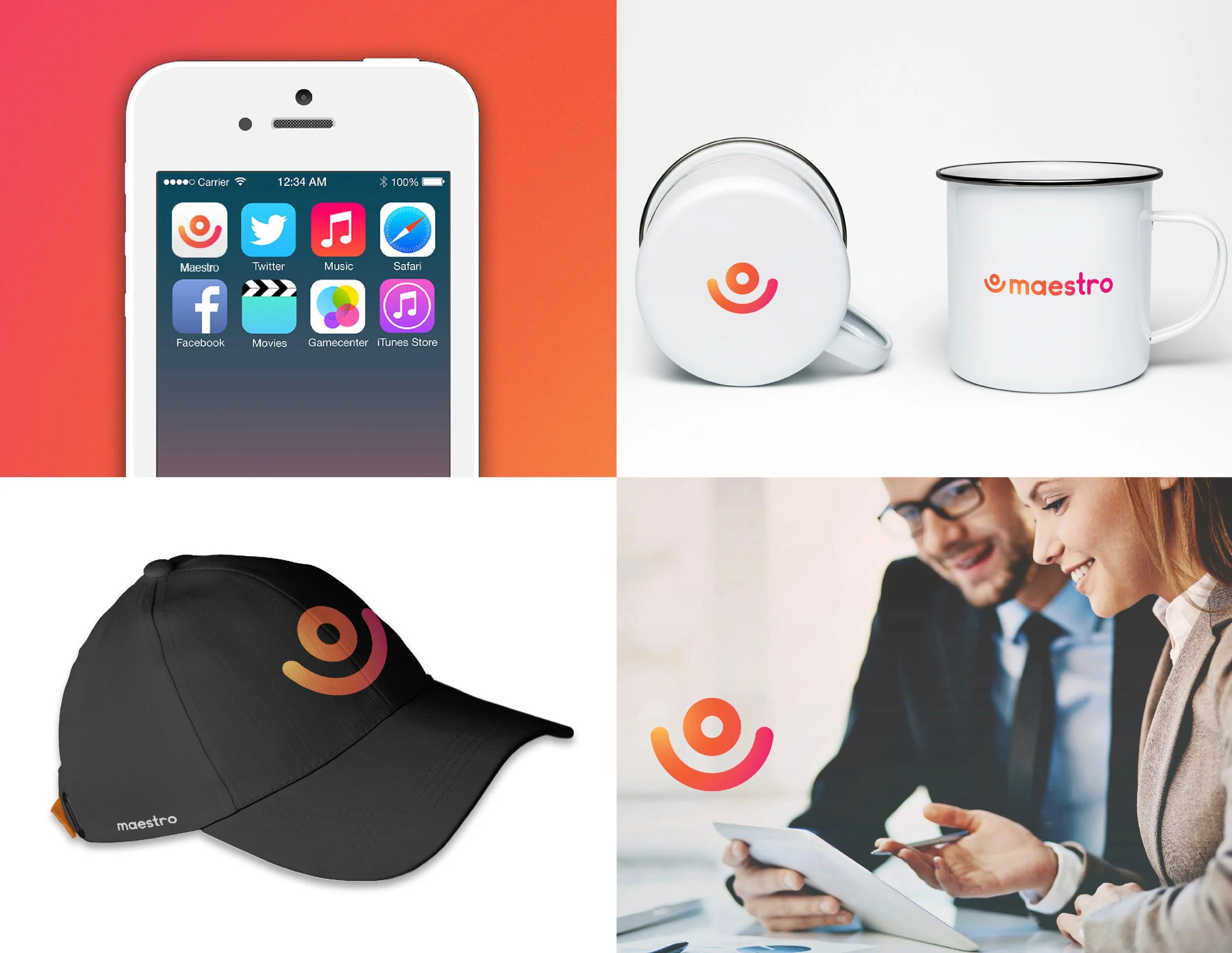 Collage of four images: a smartphone screen displaying app icons, a mug and a bowl with a logo, a black baseball cap with a logo, and two people looking at a tablet and phone with a logo.