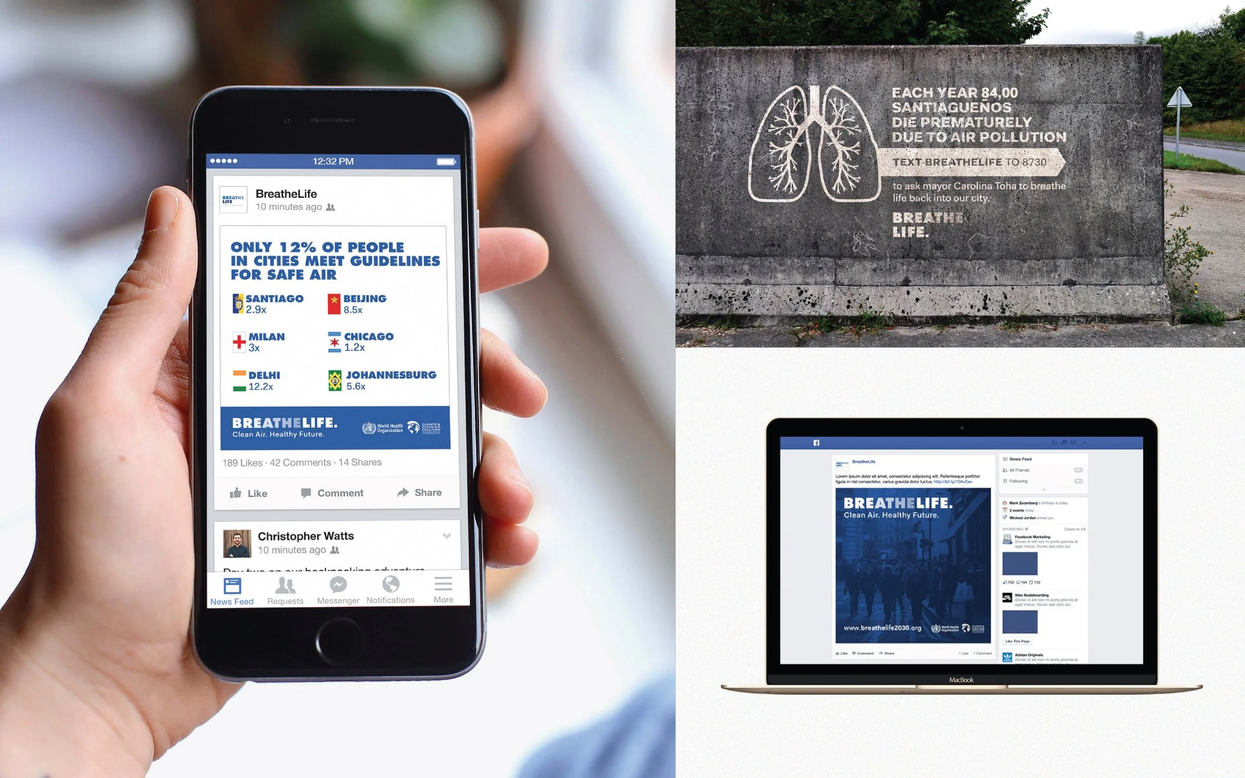 A person holding a smartphone displaying a social media post about air quality guidelines, with a website and logo for BreatheLife. There is a mural of lungs and air pollution statistics on a concrete wall, and a MacBook showing the same BreatheLife webpage.