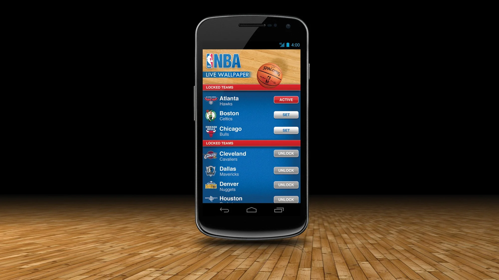 Smartphone displaying an NBA live wallpaper app with team options, some locked and some unlocked, on a wooden basketball court background.