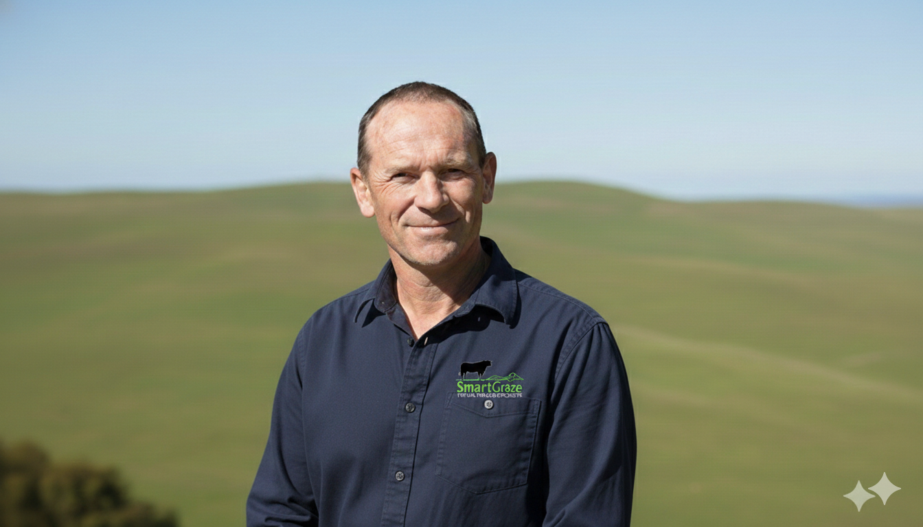 A man in a navy blue collared shirt with a logo that says "Smart Graze" standing outdoors in front of grassy hills on a clear day.
