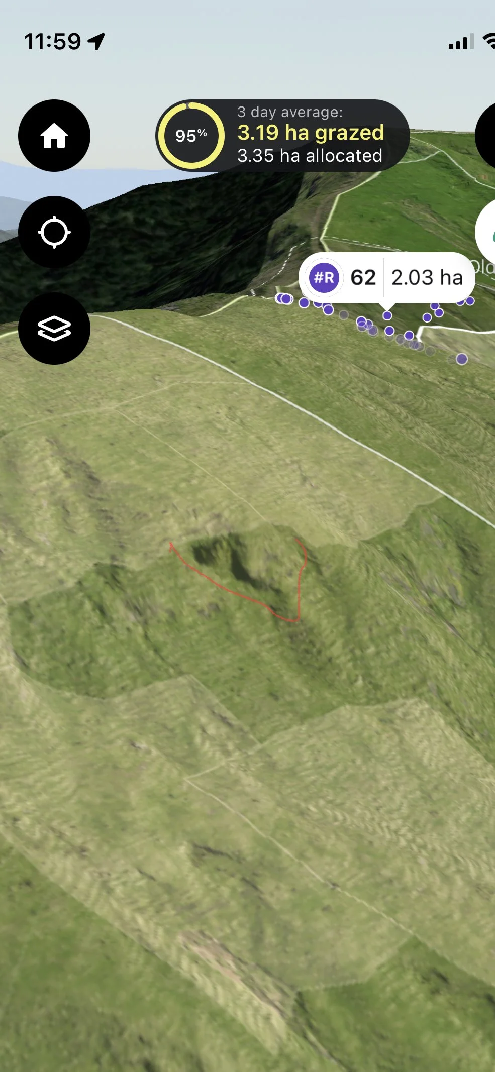 A 3D map showing grazing area statistics, with a highlighted path and terrain features such as hills and valleys.