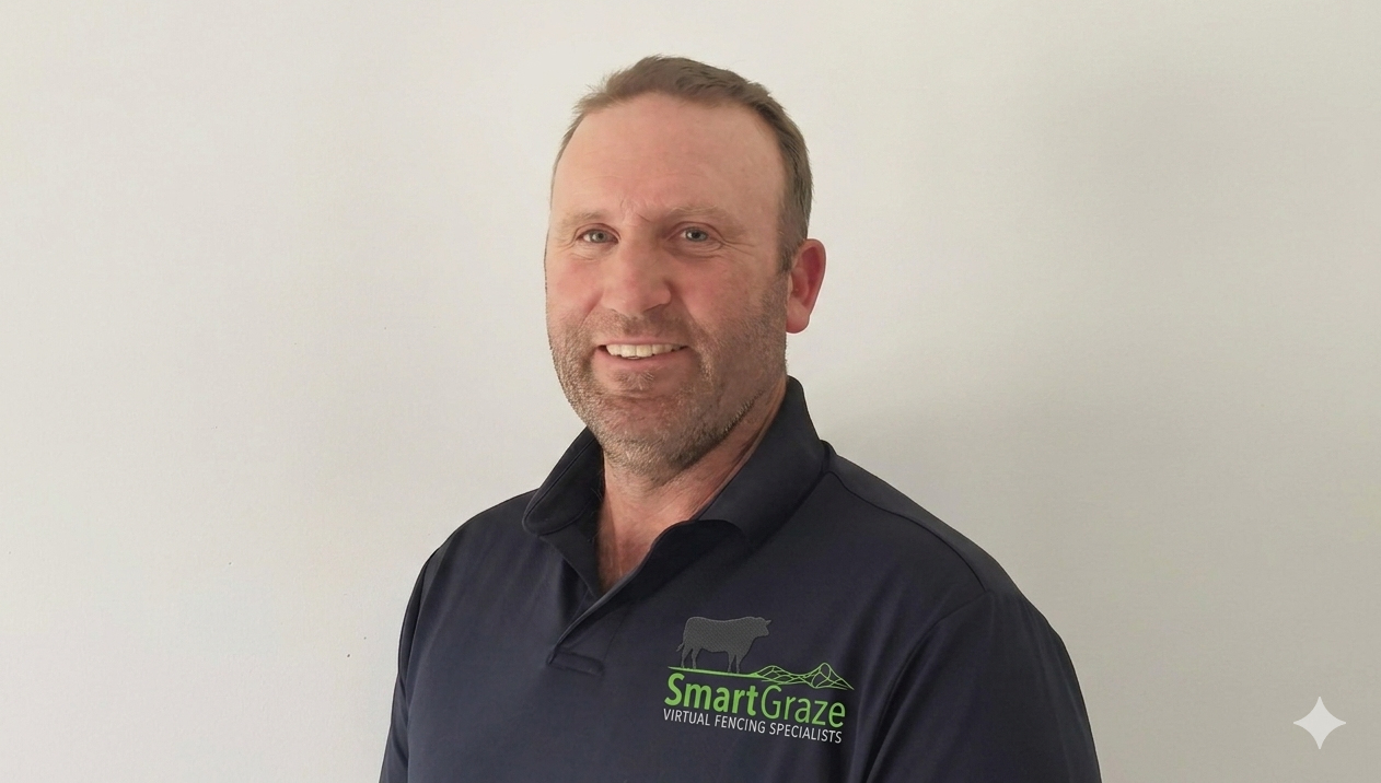 A man with short hair and a beard, wearing a black polo shirt with a logo that says 'Smart Graze' and 'Virtual Fencing Specialists,' standing against a plain white wall.