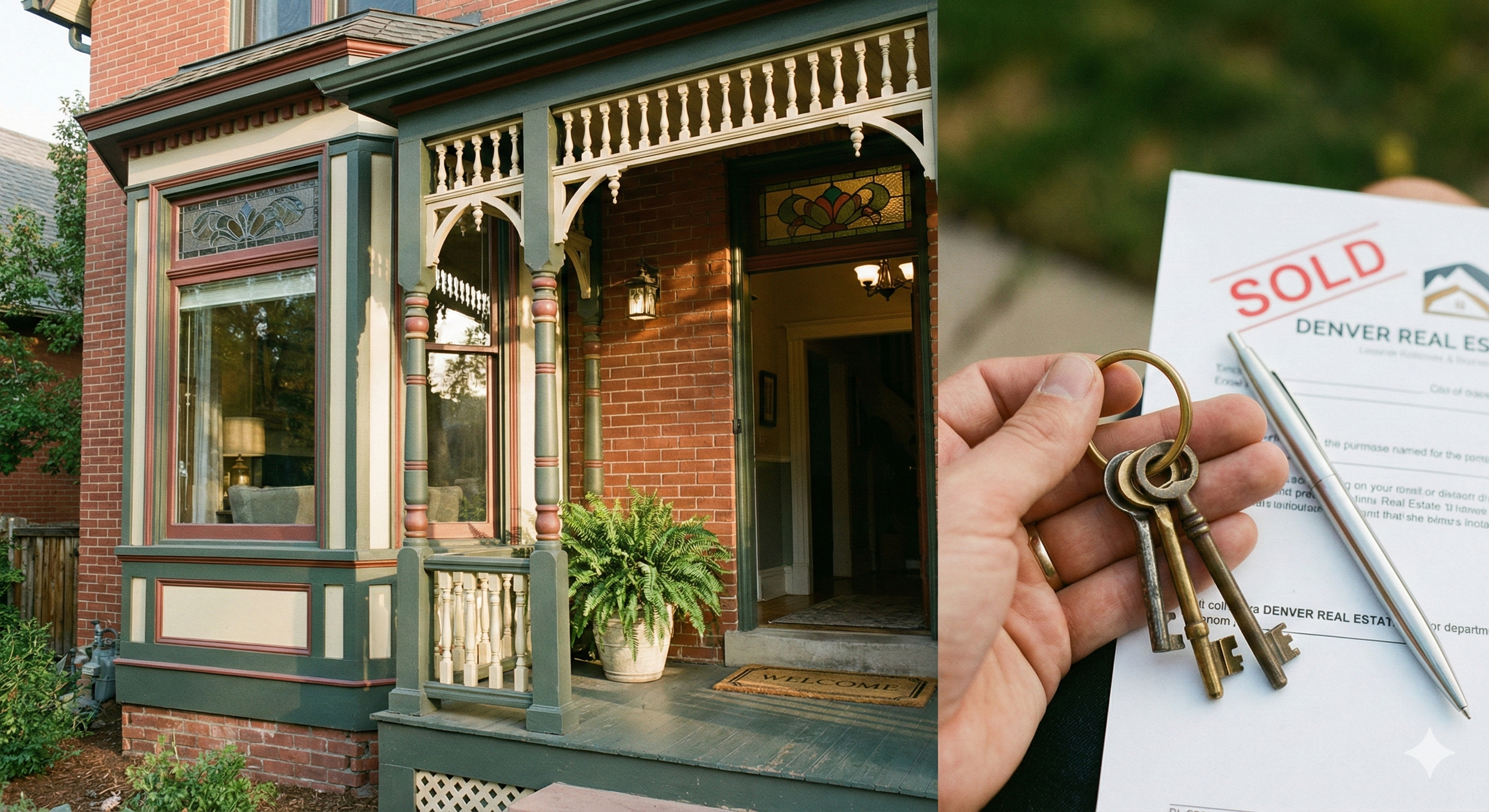 A Composite image featureing 2 seperate scens: at the  left a classic victorian style brick house with an ornate green porch and stained glass.  On the right a hand holds a set of keys over a "sold" real estate contract