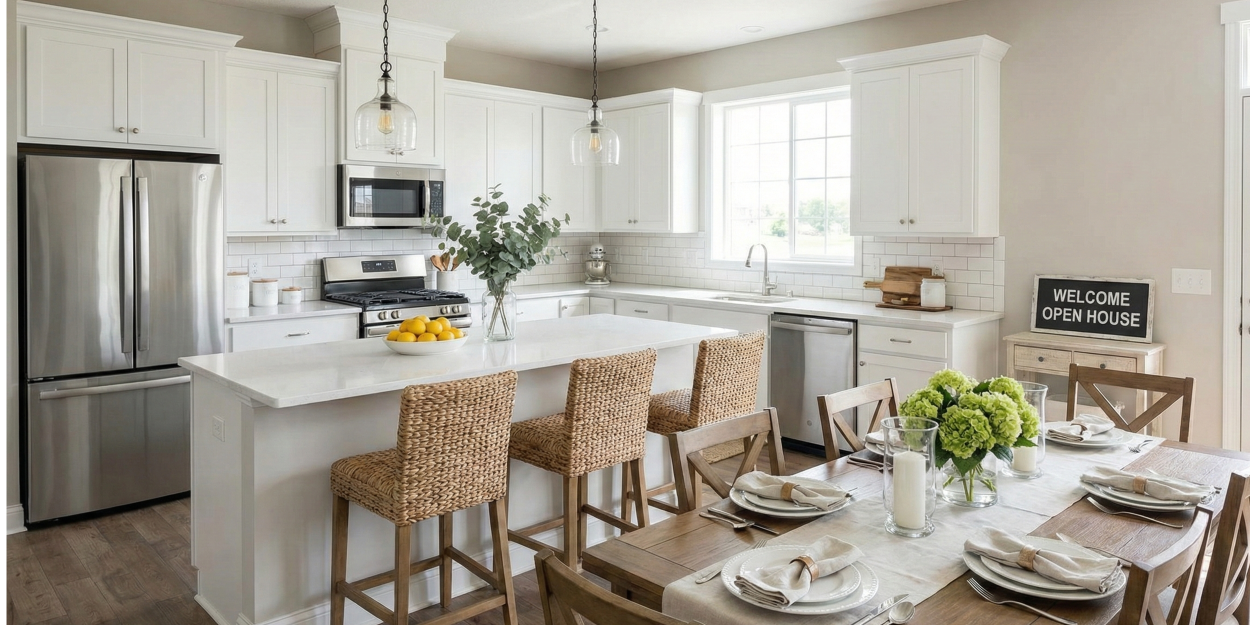 Bright photo of dining room table stylishely set in teh foreground and and ope kitchen in the background.  Kitchen has an island with 2 chairs and stainless stell Fridge and Microwave, white modern cabinetry and a window looking outside.