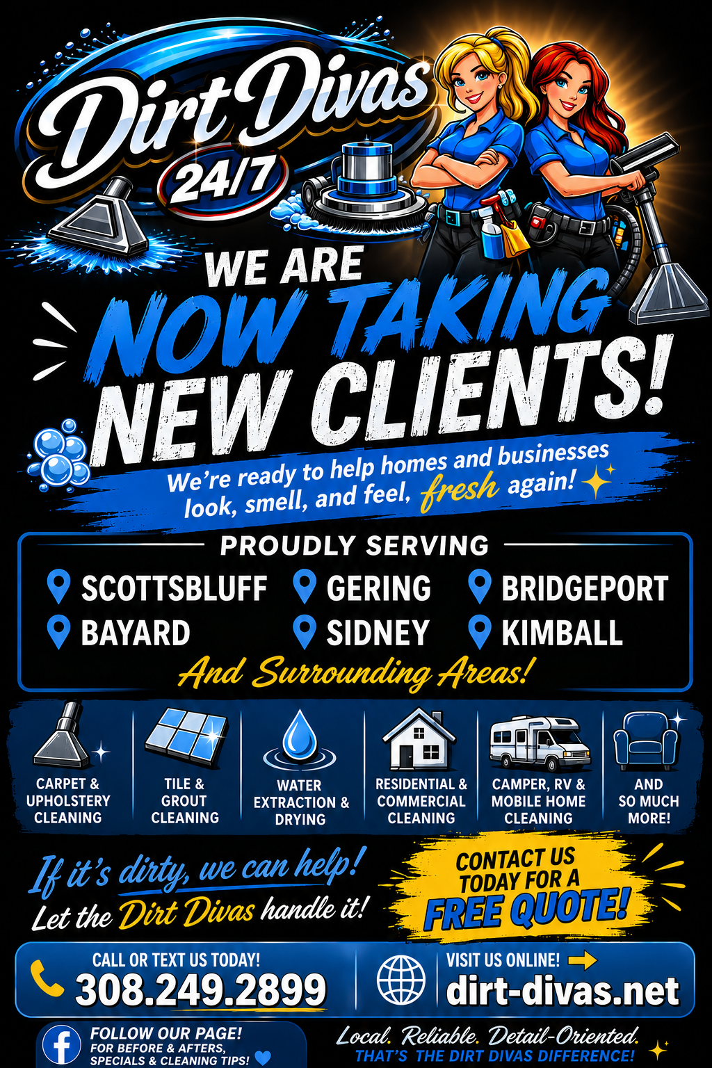 Blue and black advertisement for Dirt Divas cleaning service featuring two women in cleaning uniforms, smiling, holding cleaning tools, and text promoting their services across various areas.