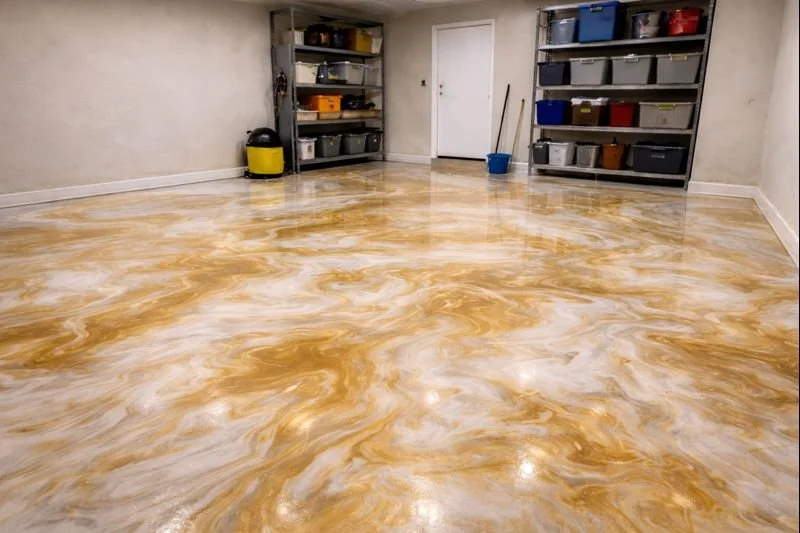 Garage with polished marbled Epoxy orange and white floor, gray metal shelves with storage bins, and cleaning supplies.