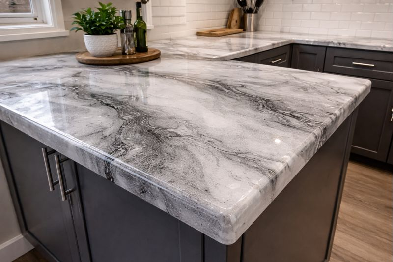 Close-up of a kitchen countertop made of polished white and gray epoxy, with dark gray cabinets underneath.