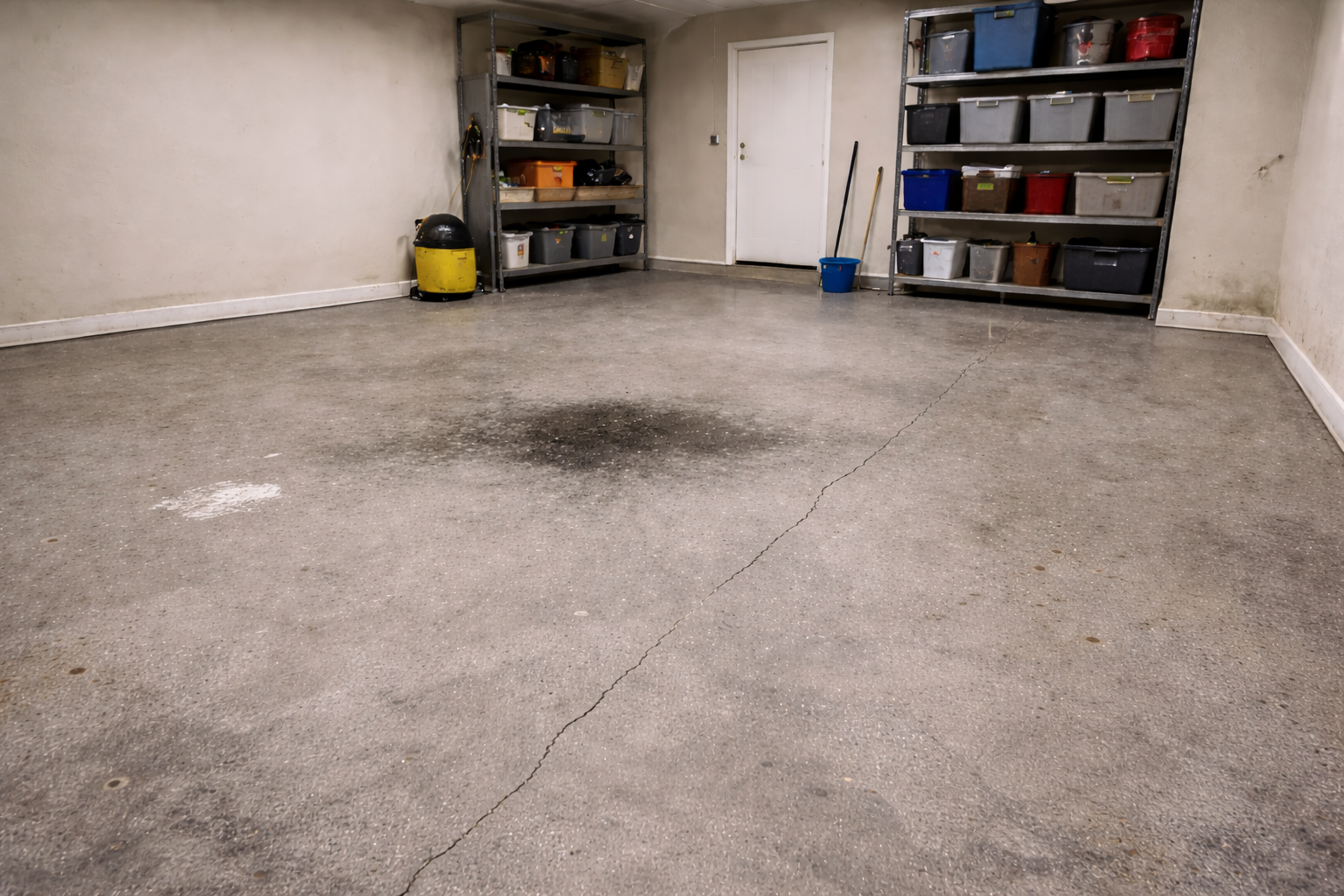 Empty garage with shelves containing various containers, a yellow and black vacuum cleaner, a blue mop bucket, and some cleaning tools, with a stained concrete floor and plain white walls.