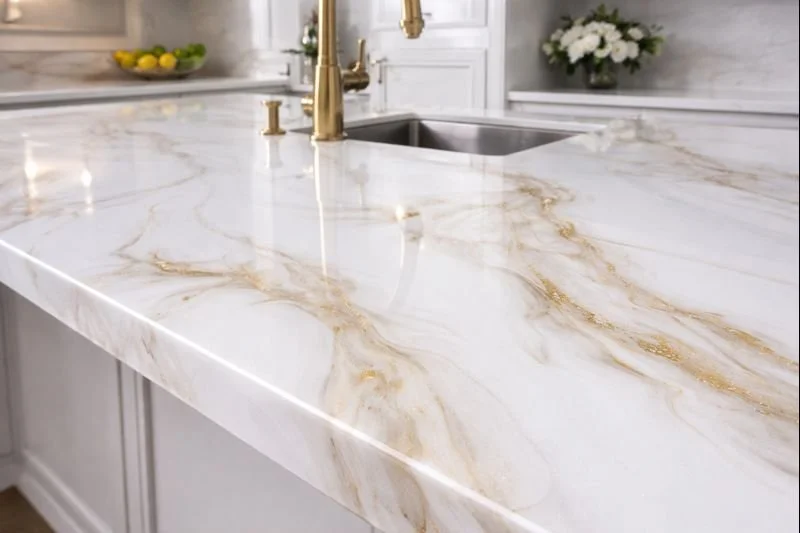 Close-up of a marble epoxy kitchen countertop with gold veining and a gold faucet, in a modern kitchen with a sink and decorative flowers in the background.