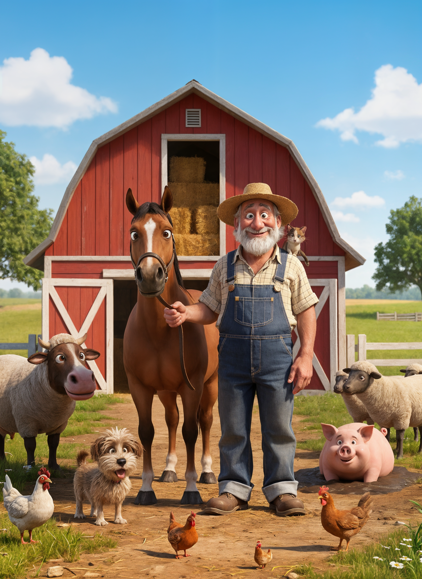 A cheerful farmer standing in front of a red barn, surrounded by farm animals including a horse, pigs, sheep, chickens, a dog, and a cat, on a sunny farm with green grass and trees.