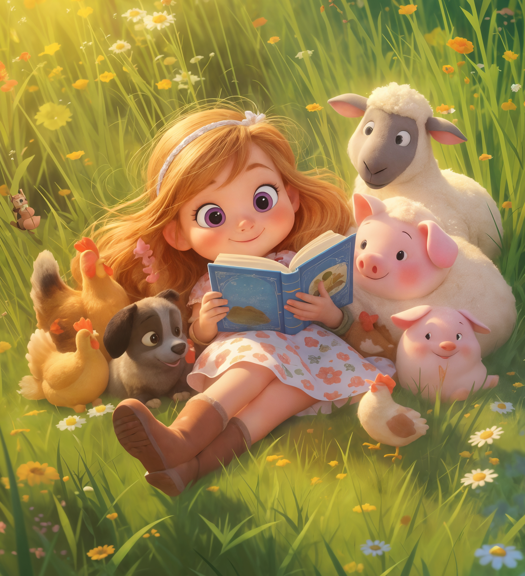 Animated girl with red hair reading a book while surrounded by farm animals in a grassy field with yellow and white flowers.