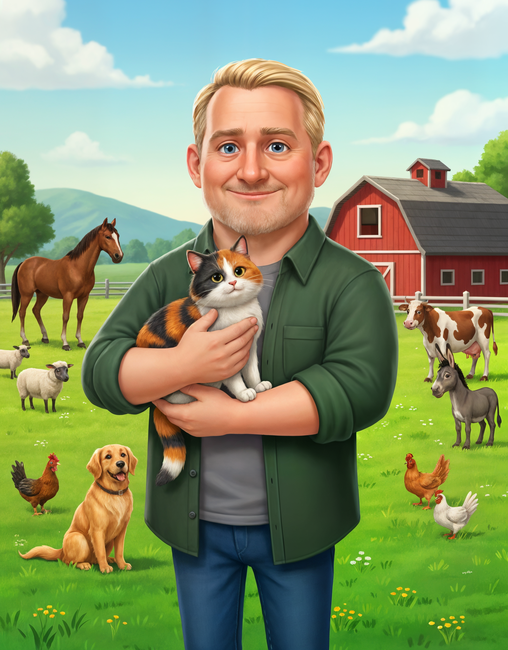 A smiling man holding a calico cat on a farm with a red barn, a horse, a dog, chickens, a cow, a donkey, sheep, and a mountain landscape in the background.