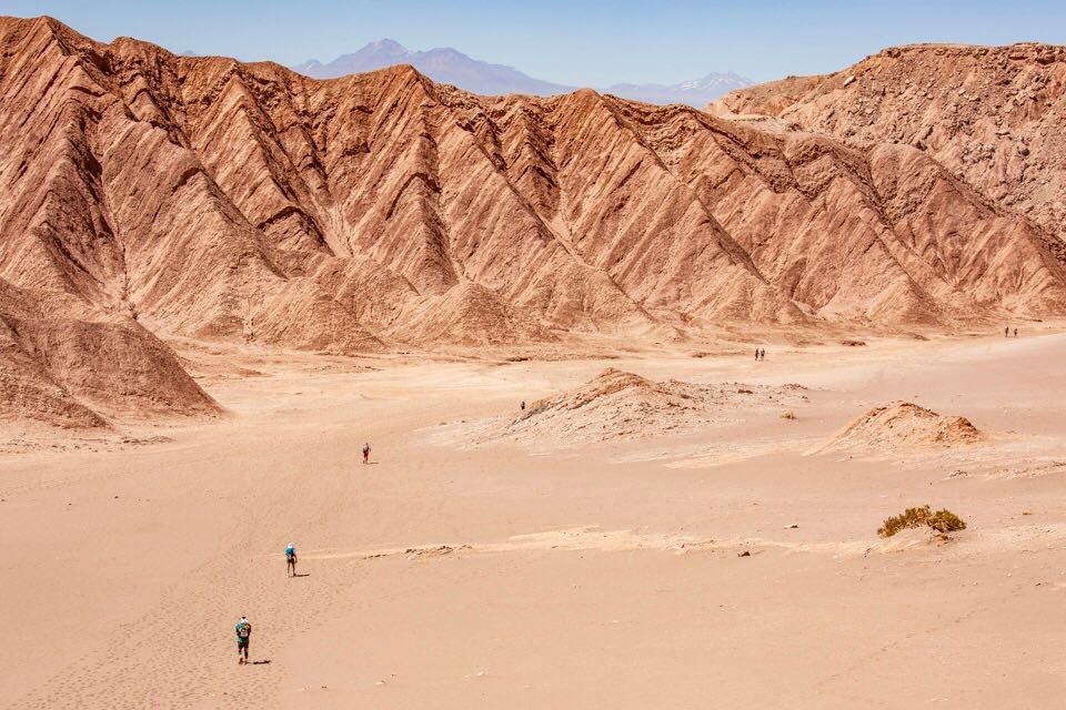 Desert landscape with reddish-brown mountains and sparse vegetation, featuring several runners and hikers walking across flat sandy terrain.