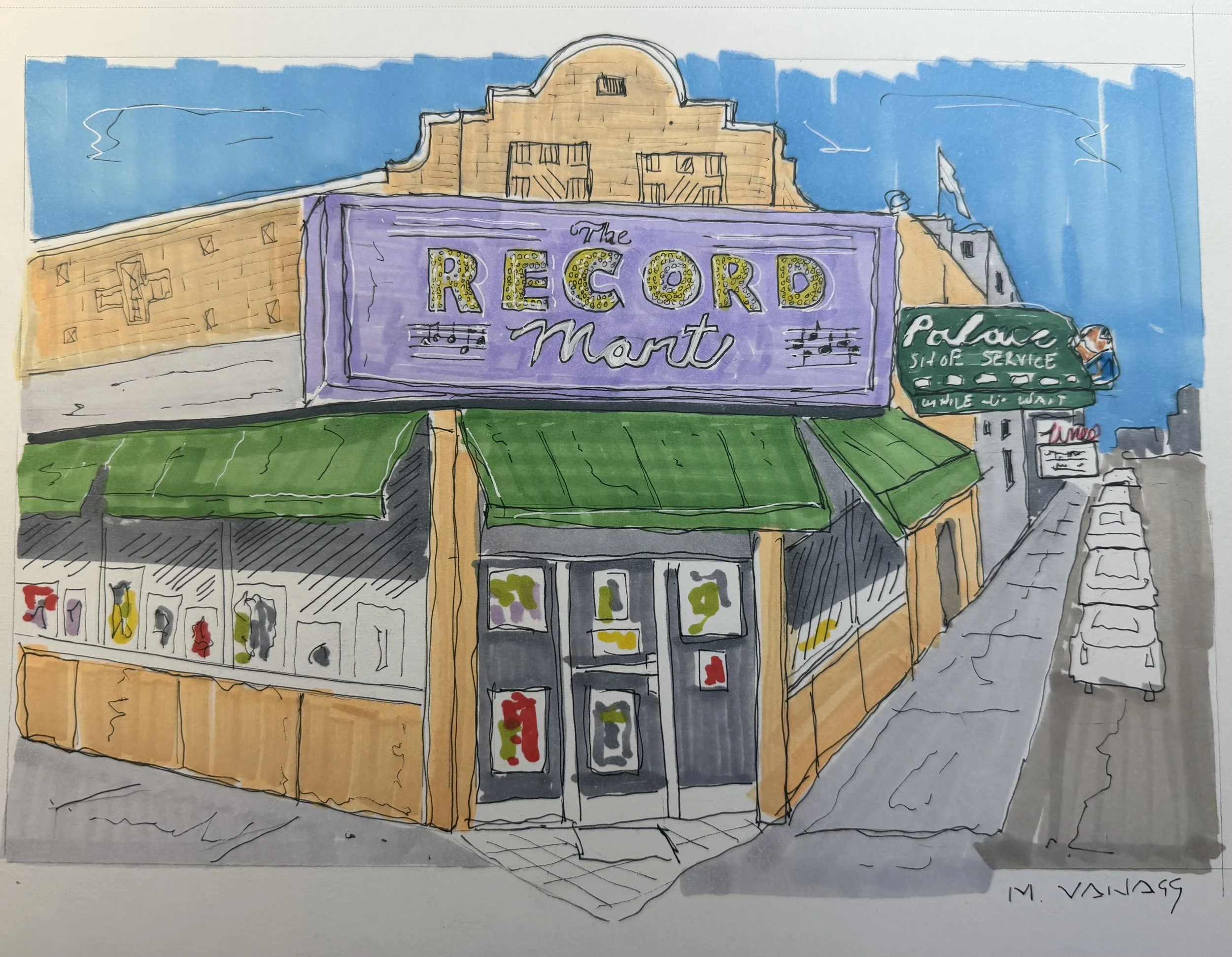 The Record Mart existed in downtown Rockford for many years. Artist's perspective on color, as I was working off a black-and-white photo. 