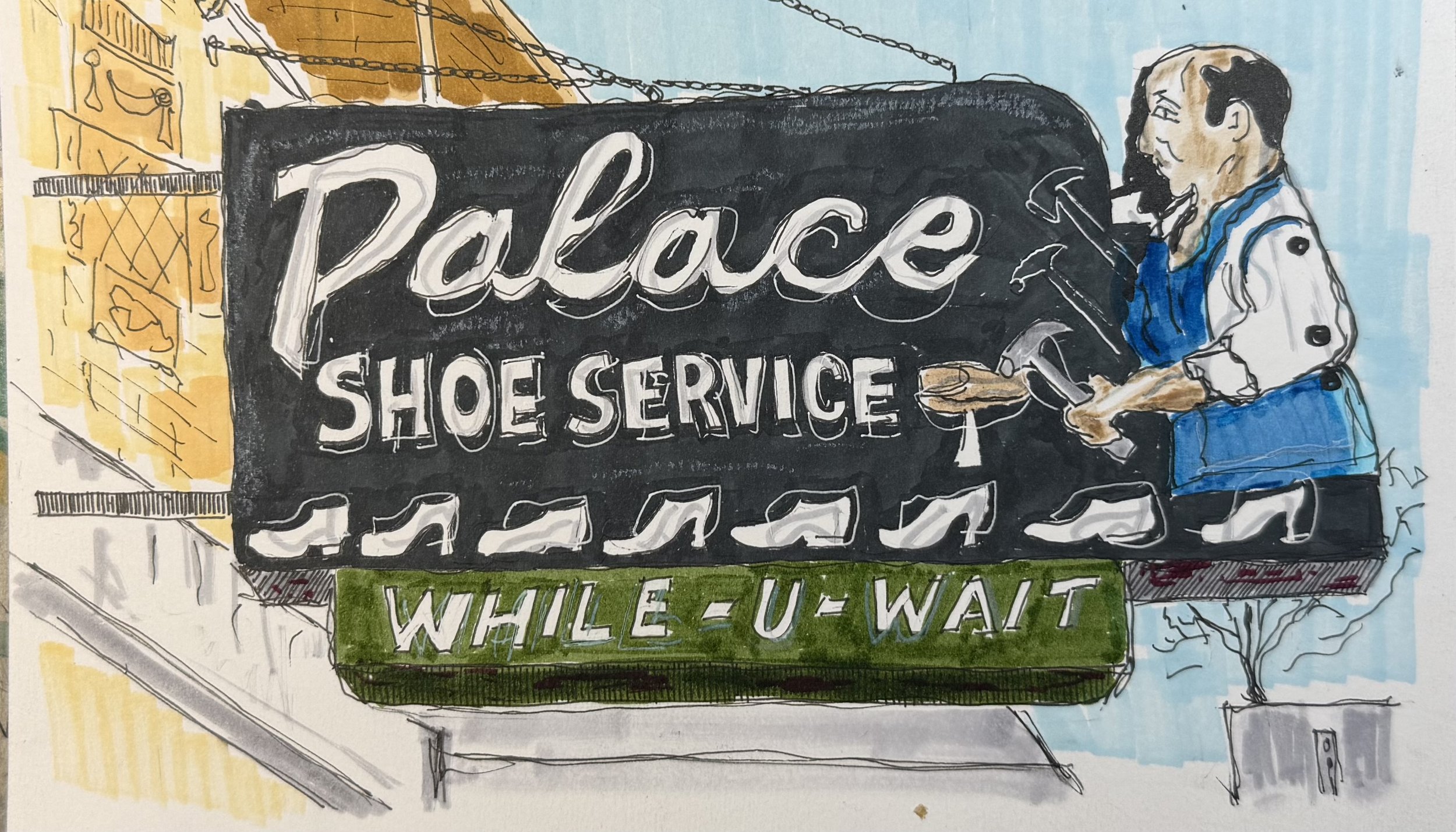 Palace Shoe Service was the place to go if you wanted your shoes fixed in Rockford. Located downtown, their classic neon sign had the cobbler using his hammer via a series of neon lights timed to create motion. 