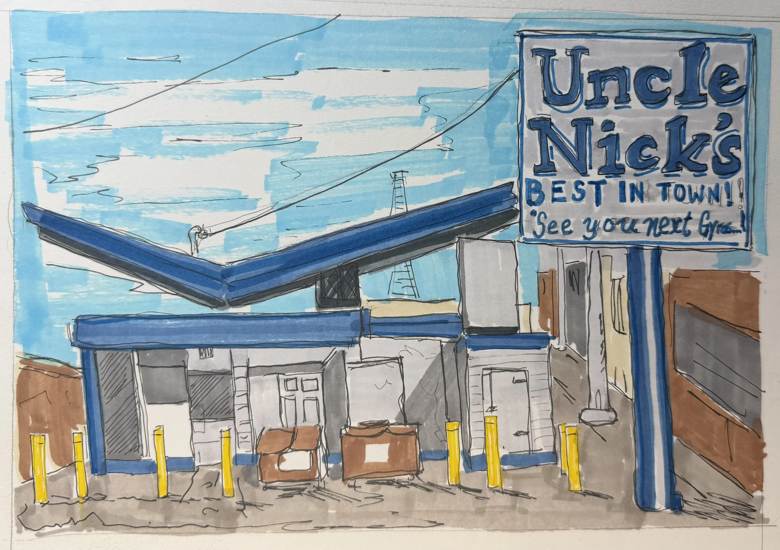 Iconic and much-loved Gyros stand in Downtown Rockford, Illinois.  Located in a former gas station. West facade. 