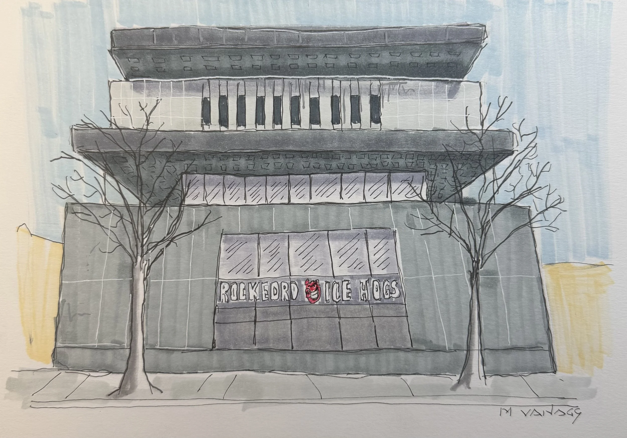 Former modernist bank building, nor headquarters for the local minor league hocky team. One of two photos. 