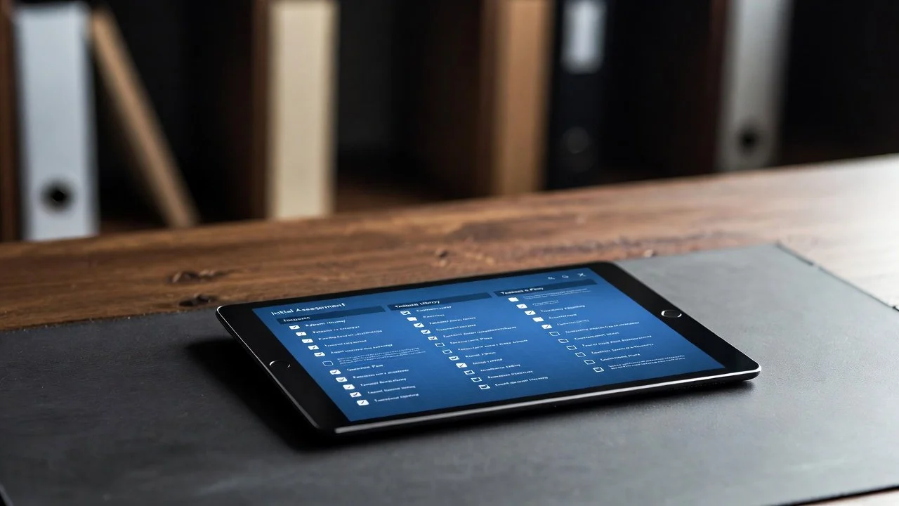 A tablet lying on a wooden desk, displaying a to-do list or checklist with multiple items checked off.